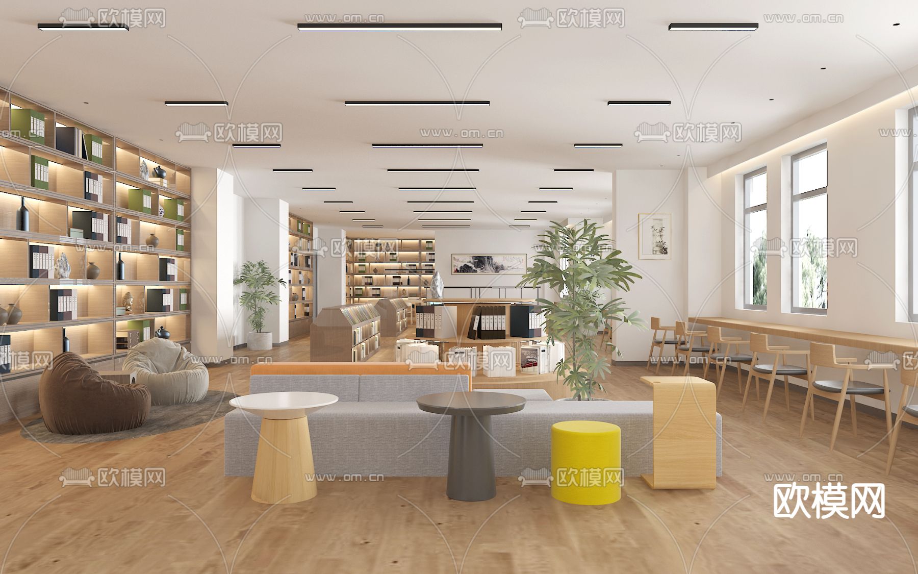 现代图书馆 阅览室3d模型下载（渲染图1）