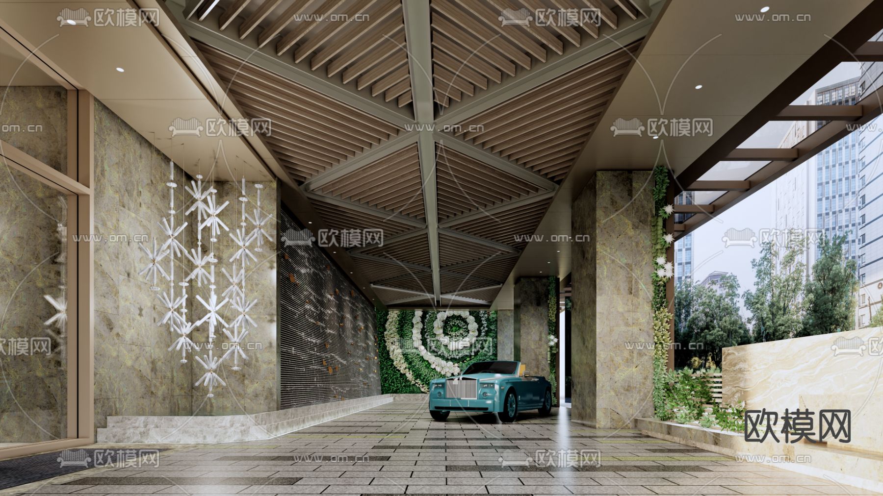酒店入口 落客区 车行门廊su模型下载（渲染图2）