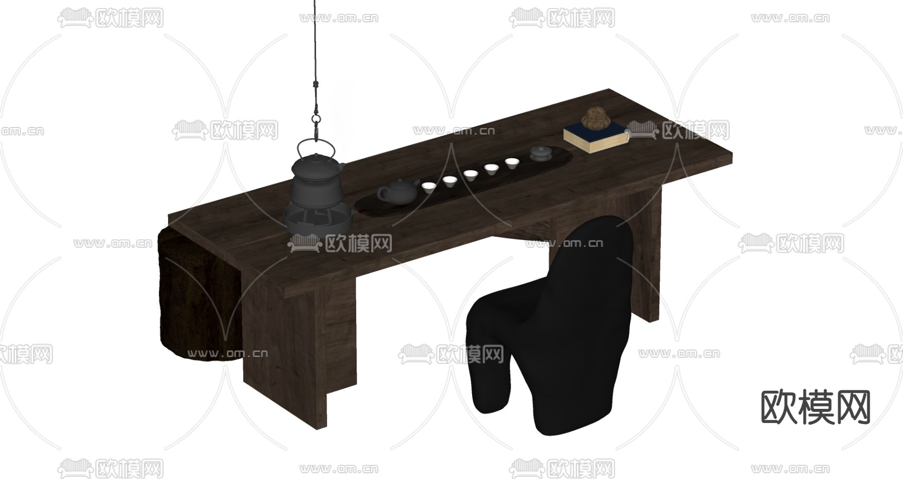侘寂风茶桌椅 茶台su模型下载（渲染图1）