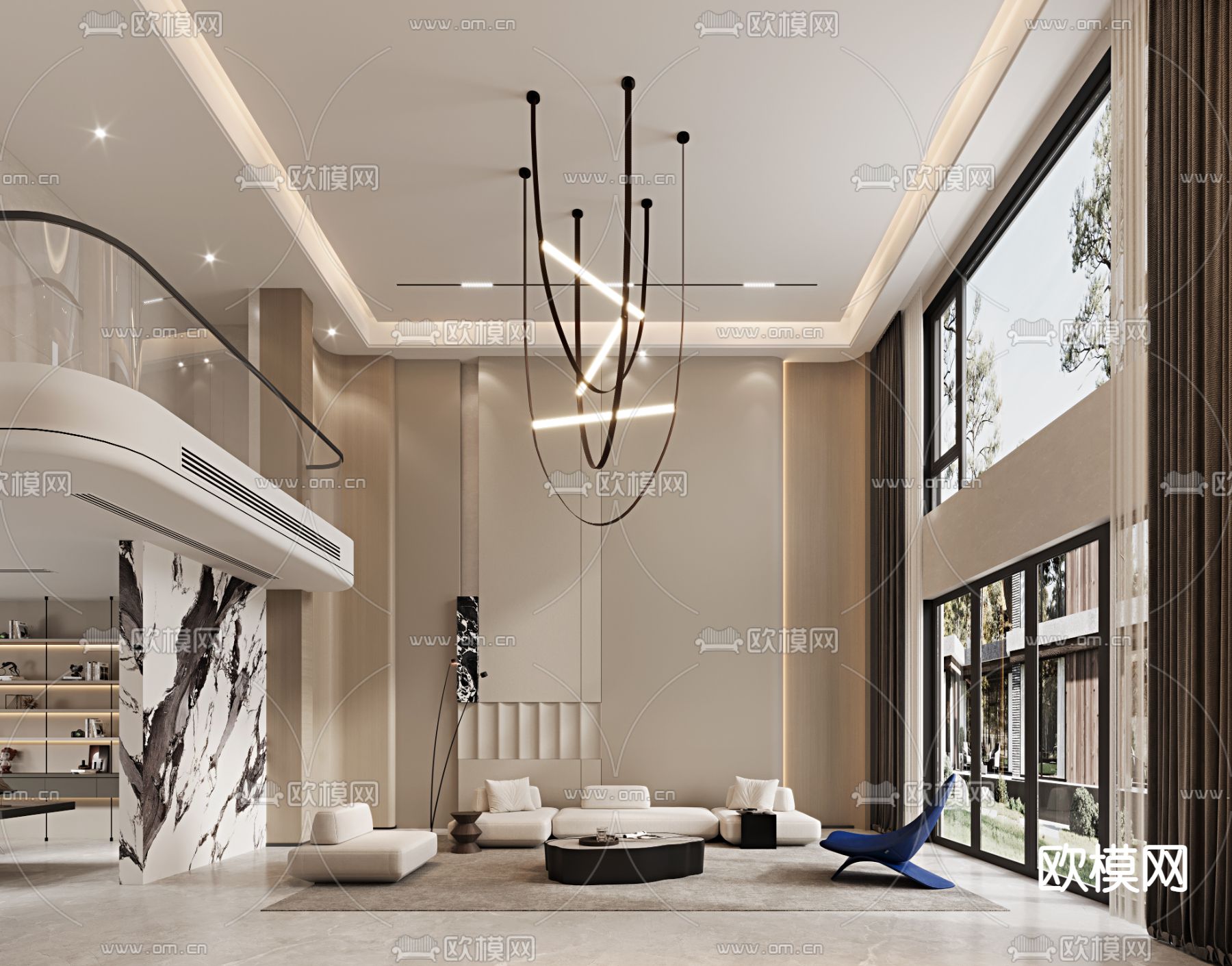 别墅客厅 别墅中空3d模型下载（渲染图1）