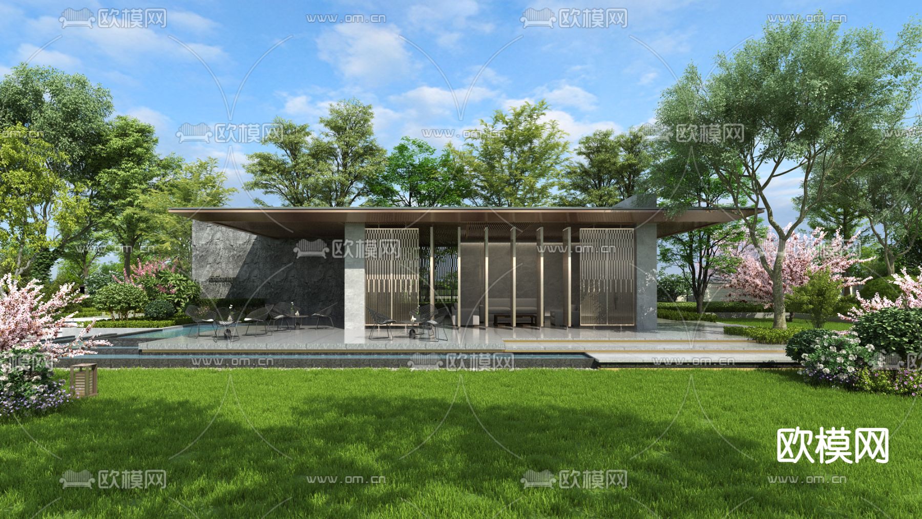 现代住宅景观 廊架景观 园林景观su模型下载（渲染图2）