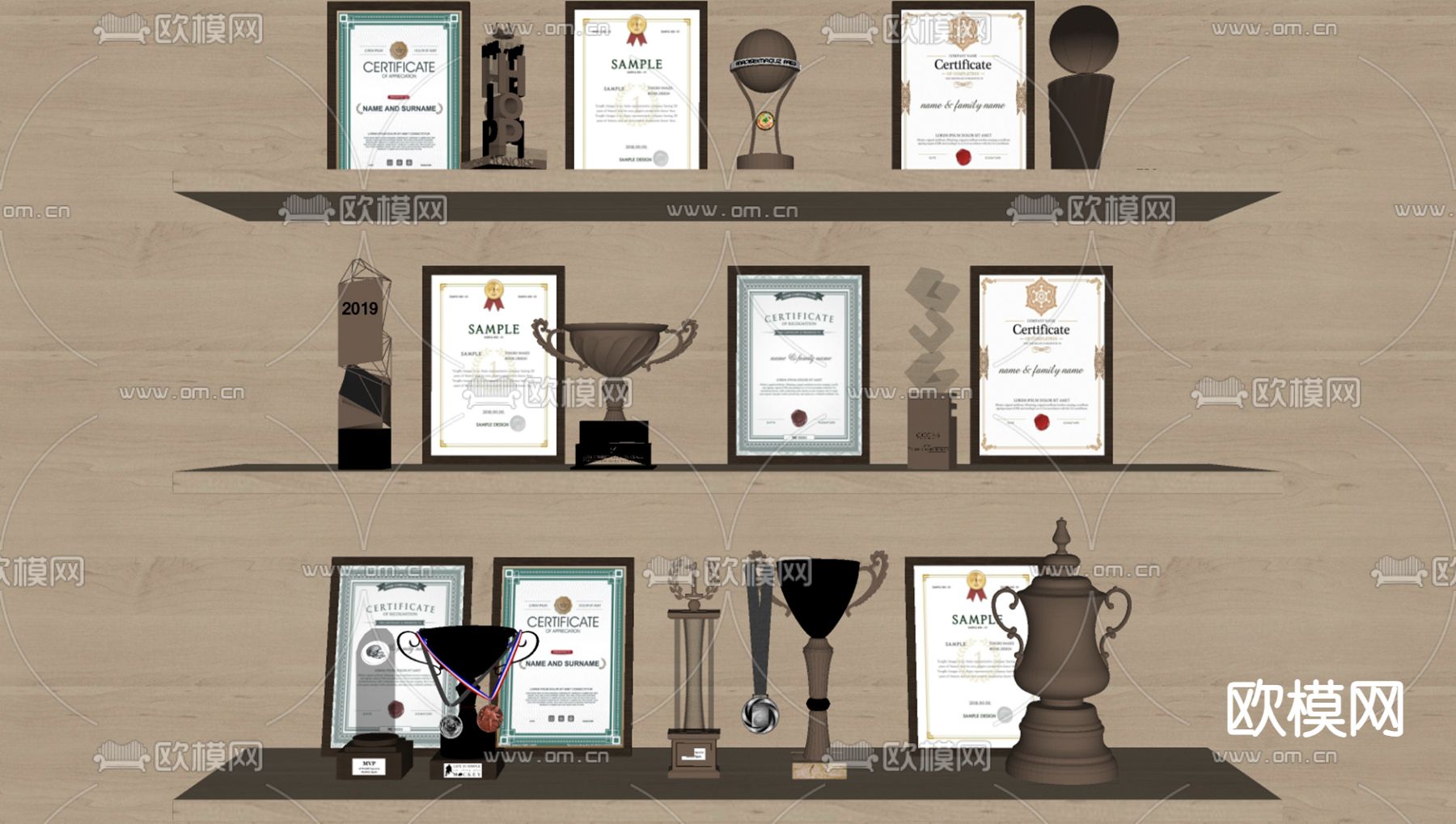 现代荣誉证书 奖杯 奖牌su模型下载（渲染图1）