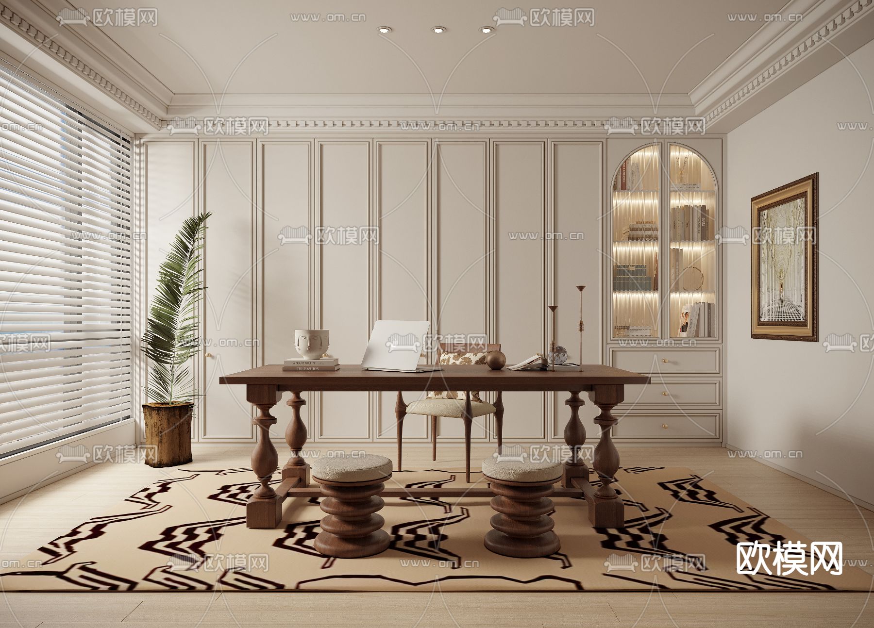 美式书房 学习房3d模型下载（渲染图1）