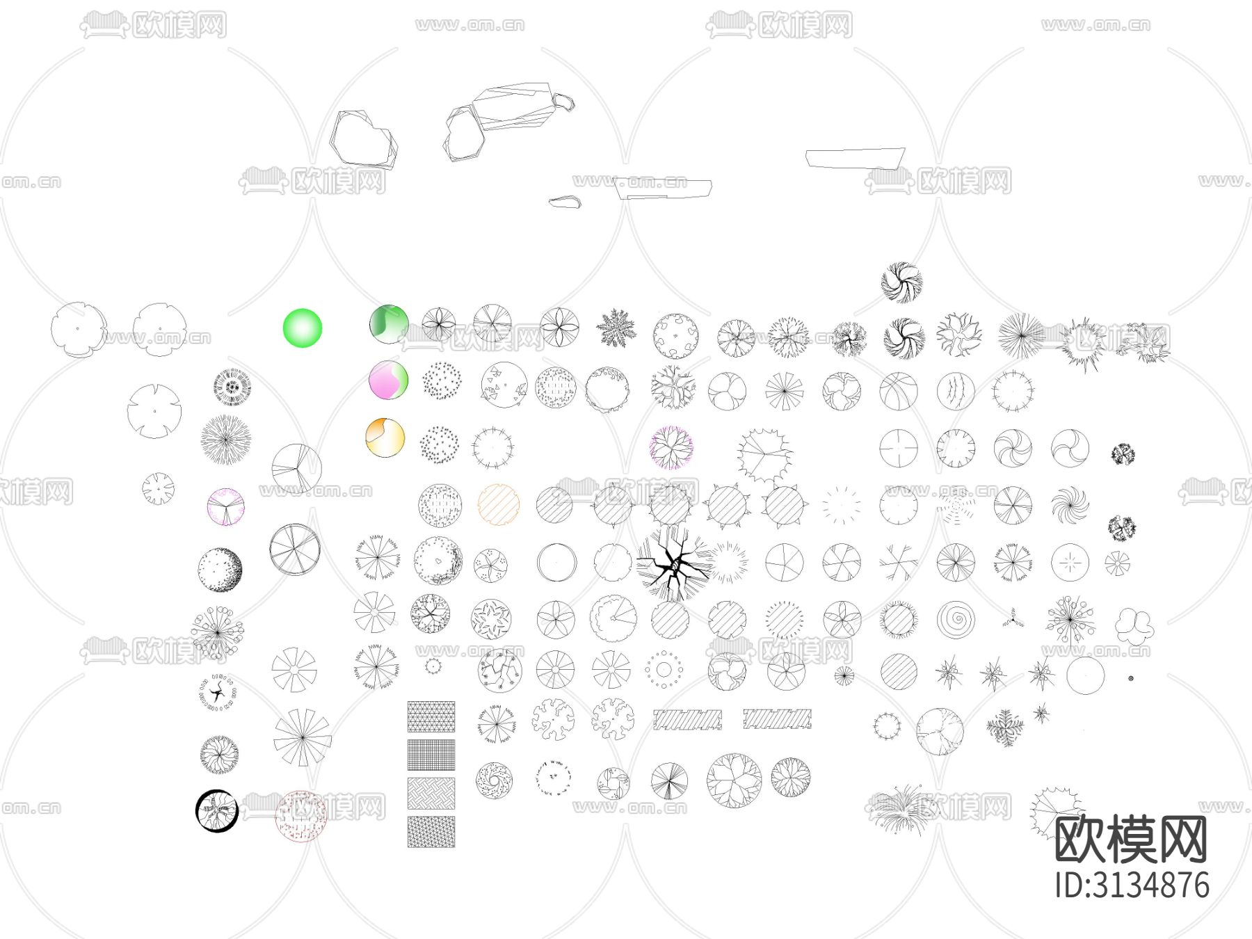 现代园林景观乔木 灌木 植物 绿植cad图库下载（渲染图1）