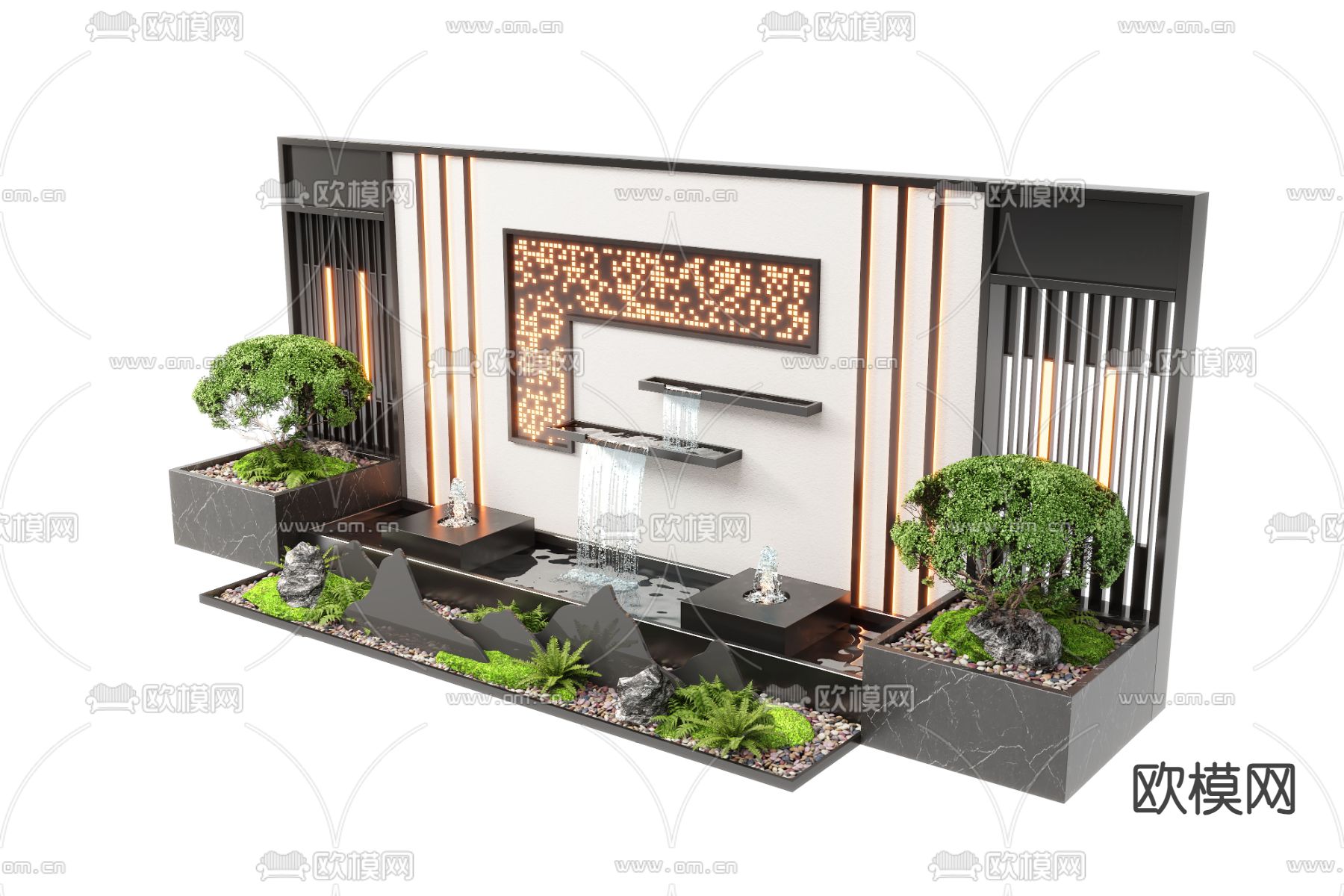 新中式水景墙 喷泉瀑布 跌水池小品3d模型下载