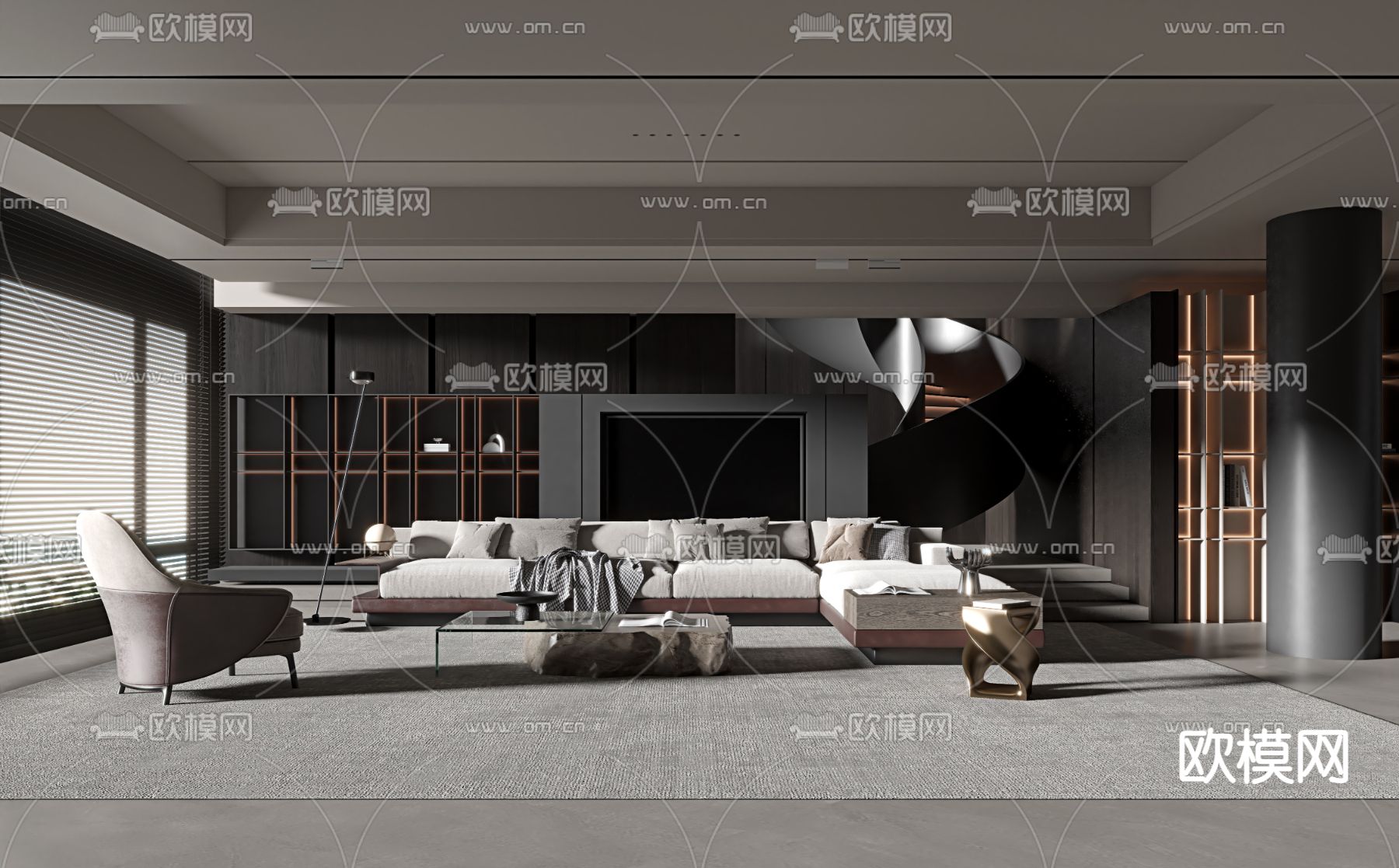 暗黑风客厅3d模型下载