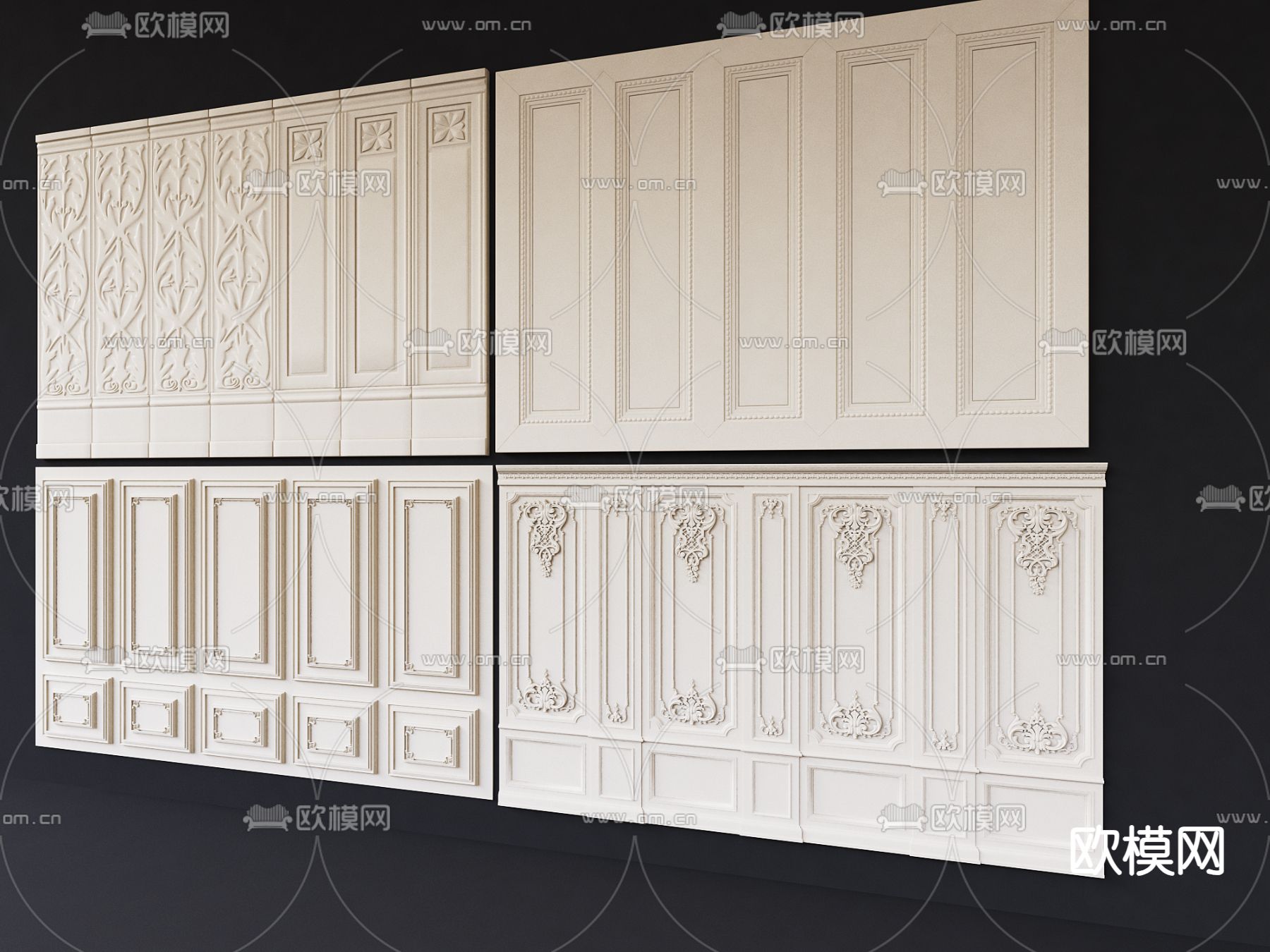 法式护墙板 长城板 墙饰板 墙裙3d模型下载（渲染图2）
