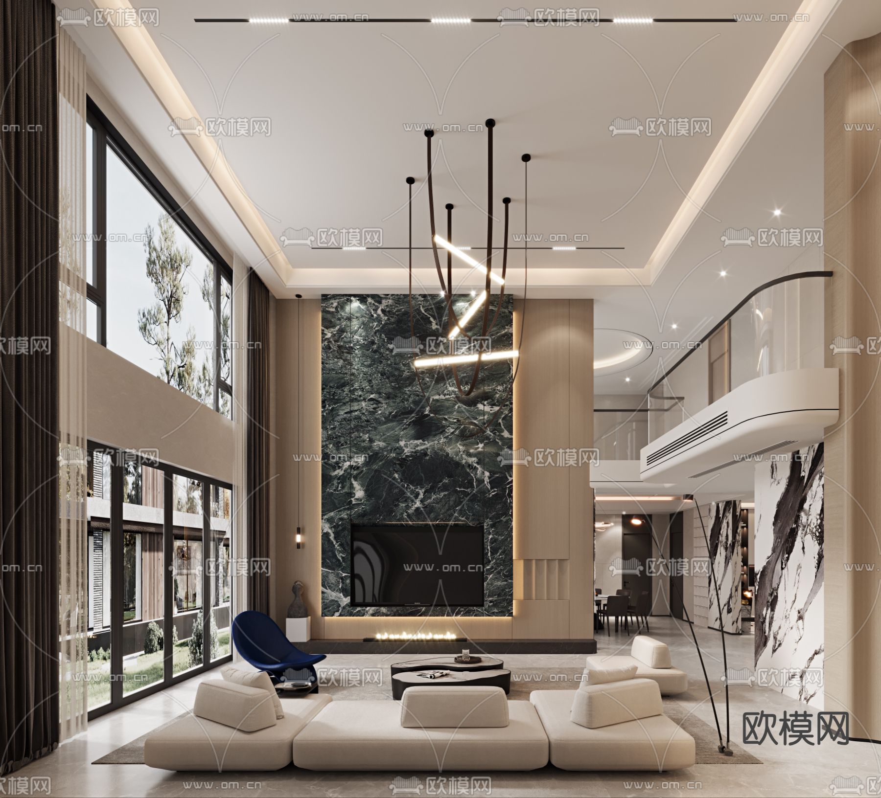 别墅客厅 别墅中空3d模型下载（渲染图2）