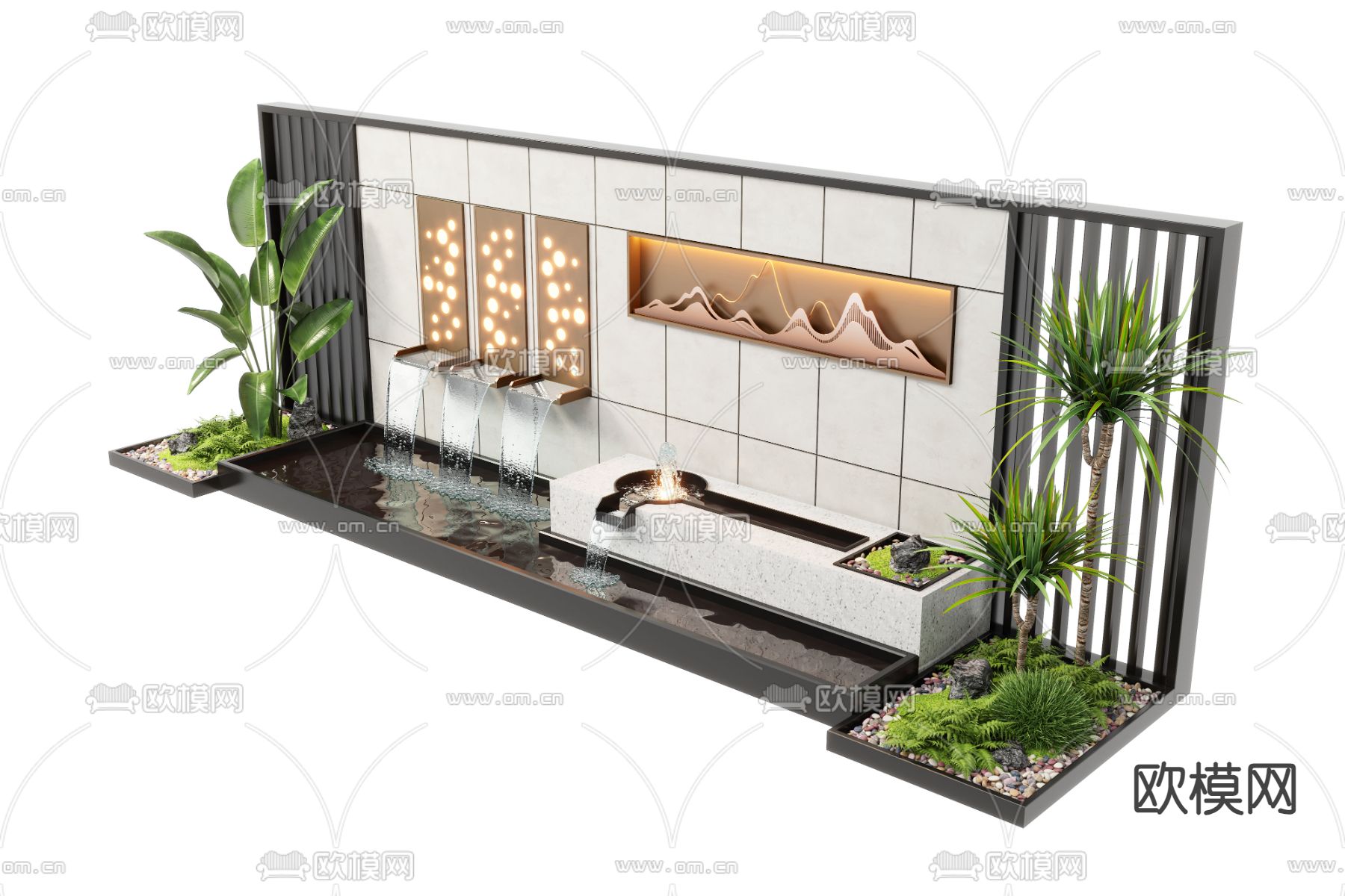现代水景墙 喷泉瀑布 跌水池小品3d模型下载