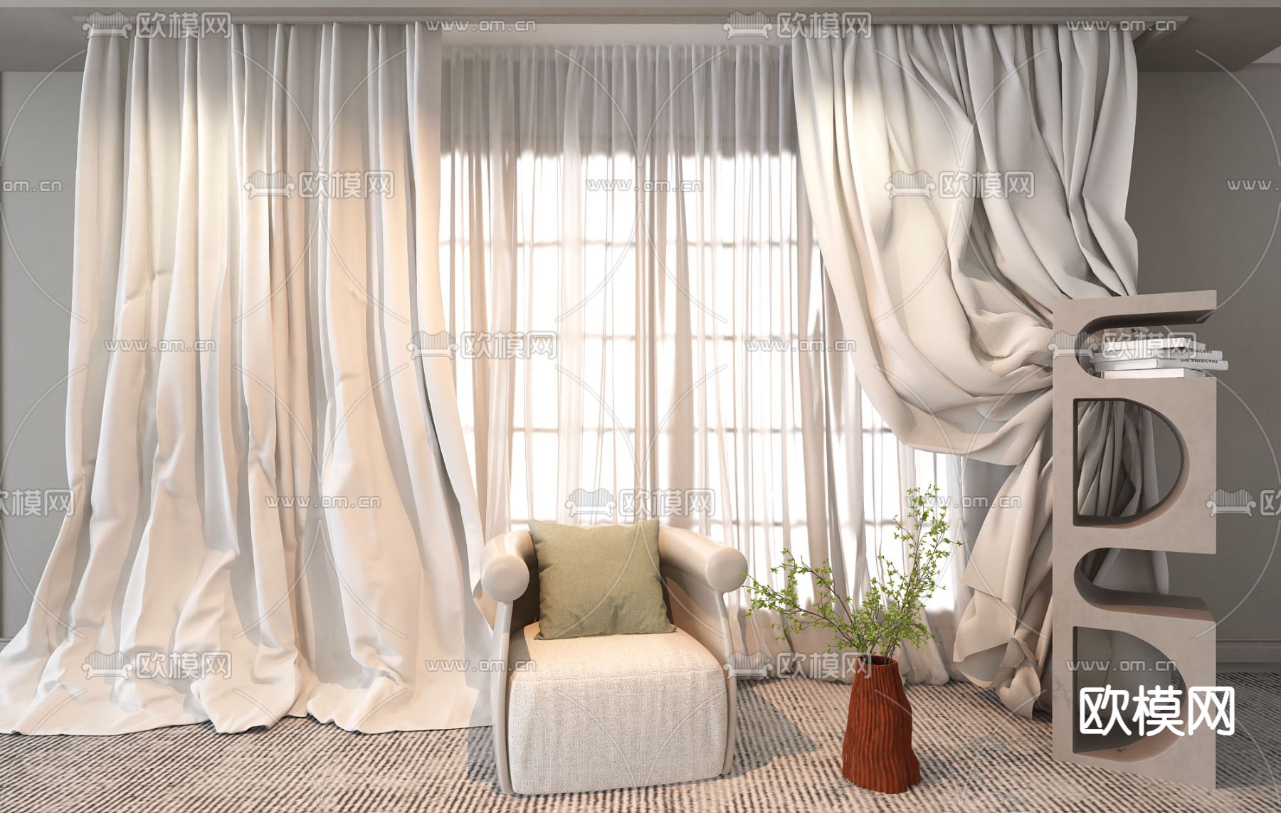 素色窗帘 窗纱3d模型下载