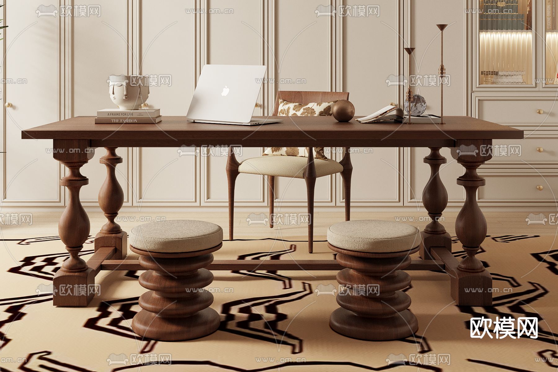 美式书房 学习房3d模型下载（渲染图2）