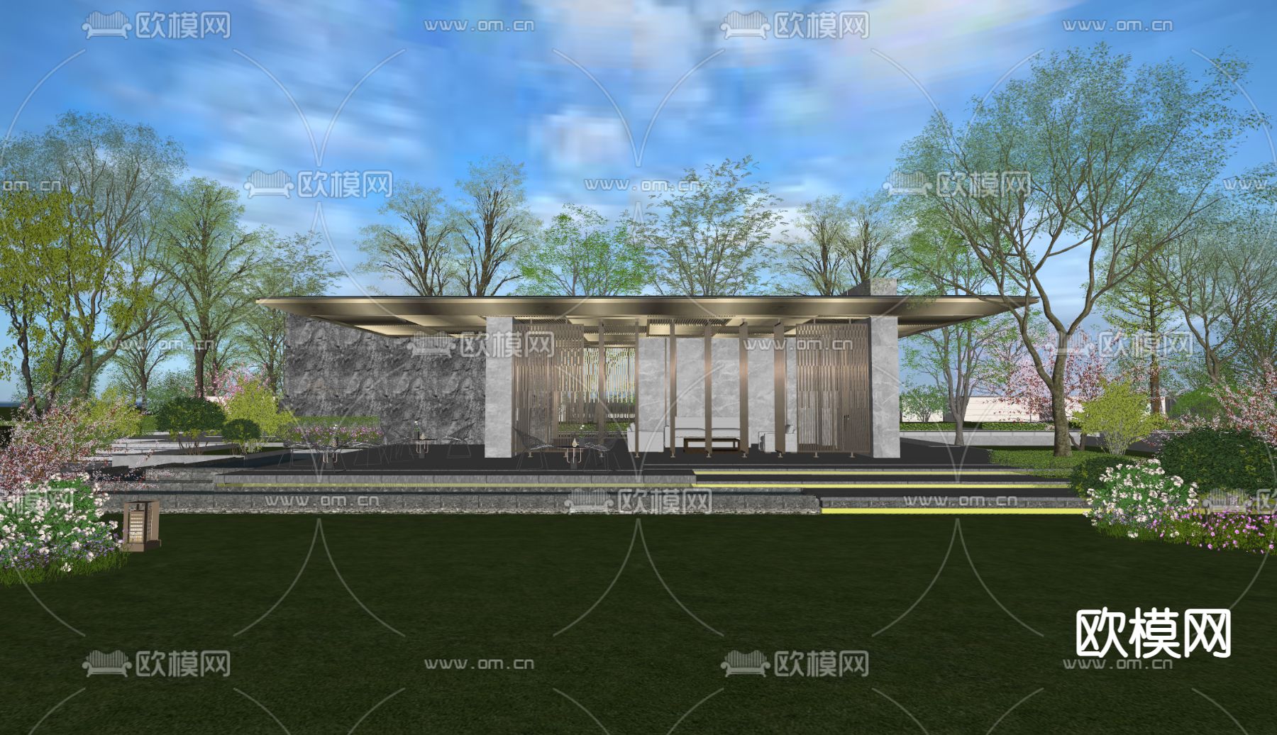 现代住宅景观 廊架景观 园林景观su模型下载（渲染图1）