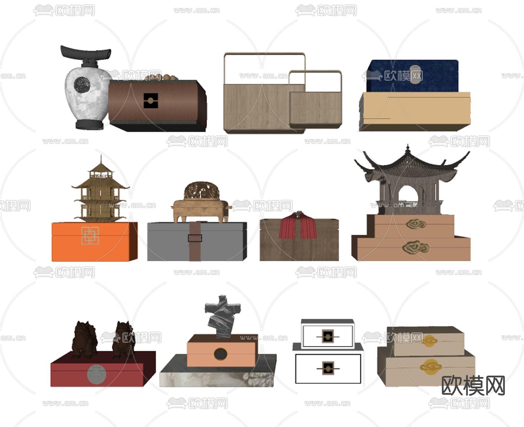 新中式装饰盒子 收纳盒 礼物盒su模型下载（渲染图1）