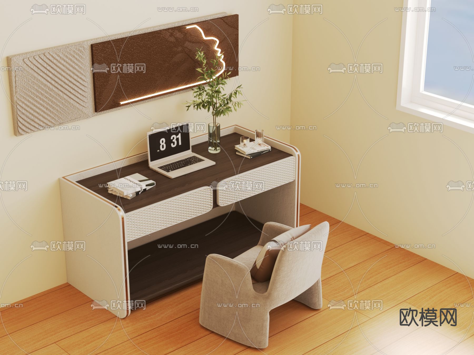 现代书桌椅su模型下载（渲染图2）