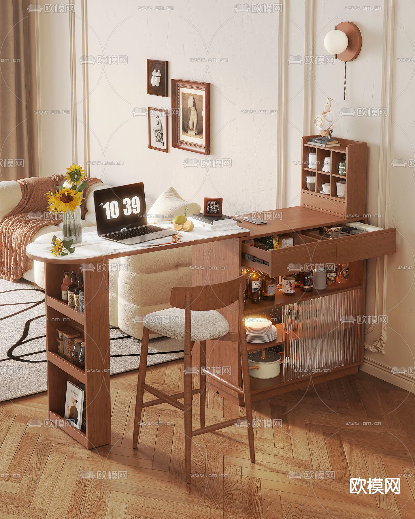 中古风吧台 餐吧 餐边柜3d模型下载（渲染图1）