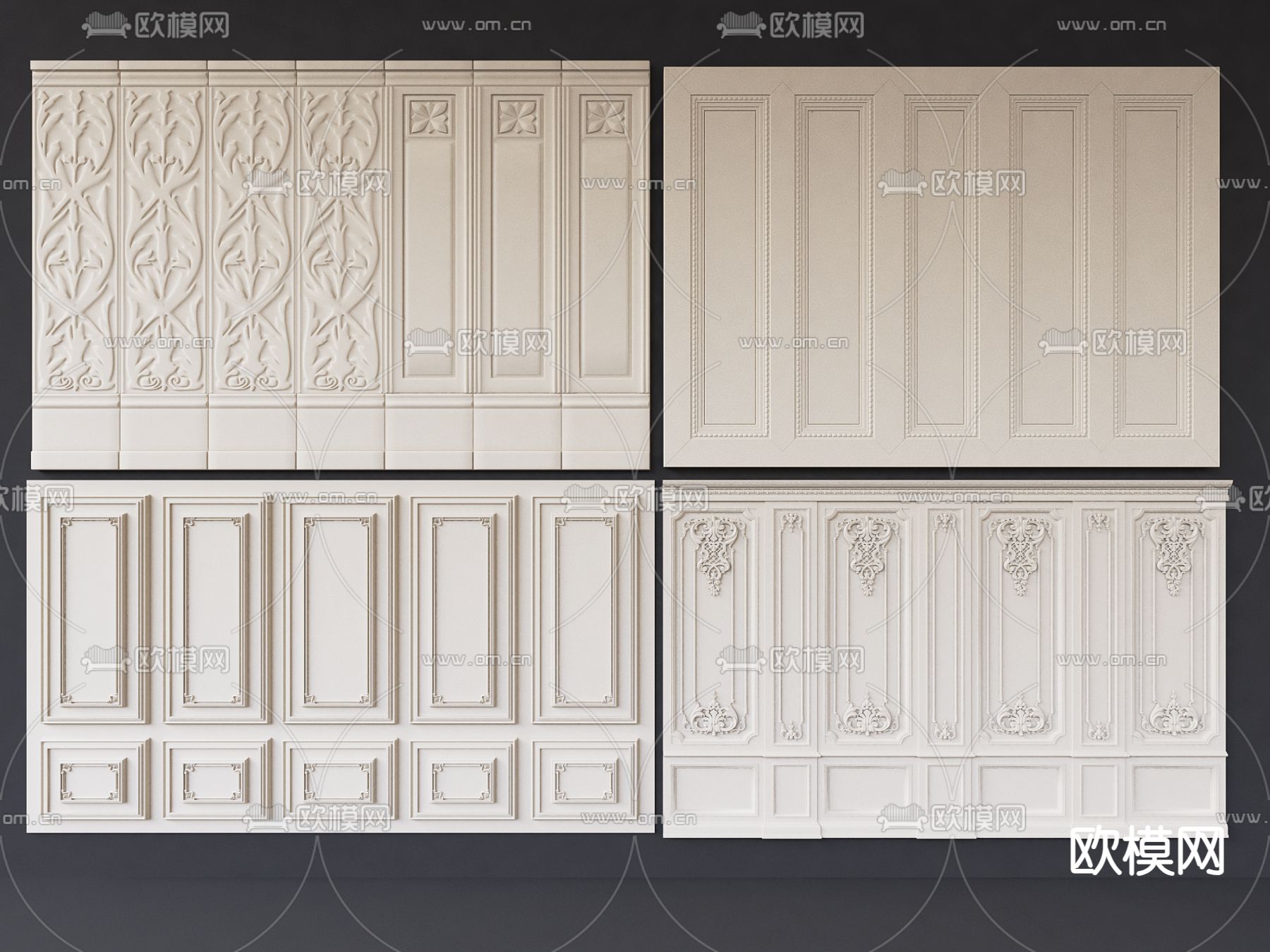 法式护墙板 长城板 墙饰板 墙裙3d模型下载（渲染图1）