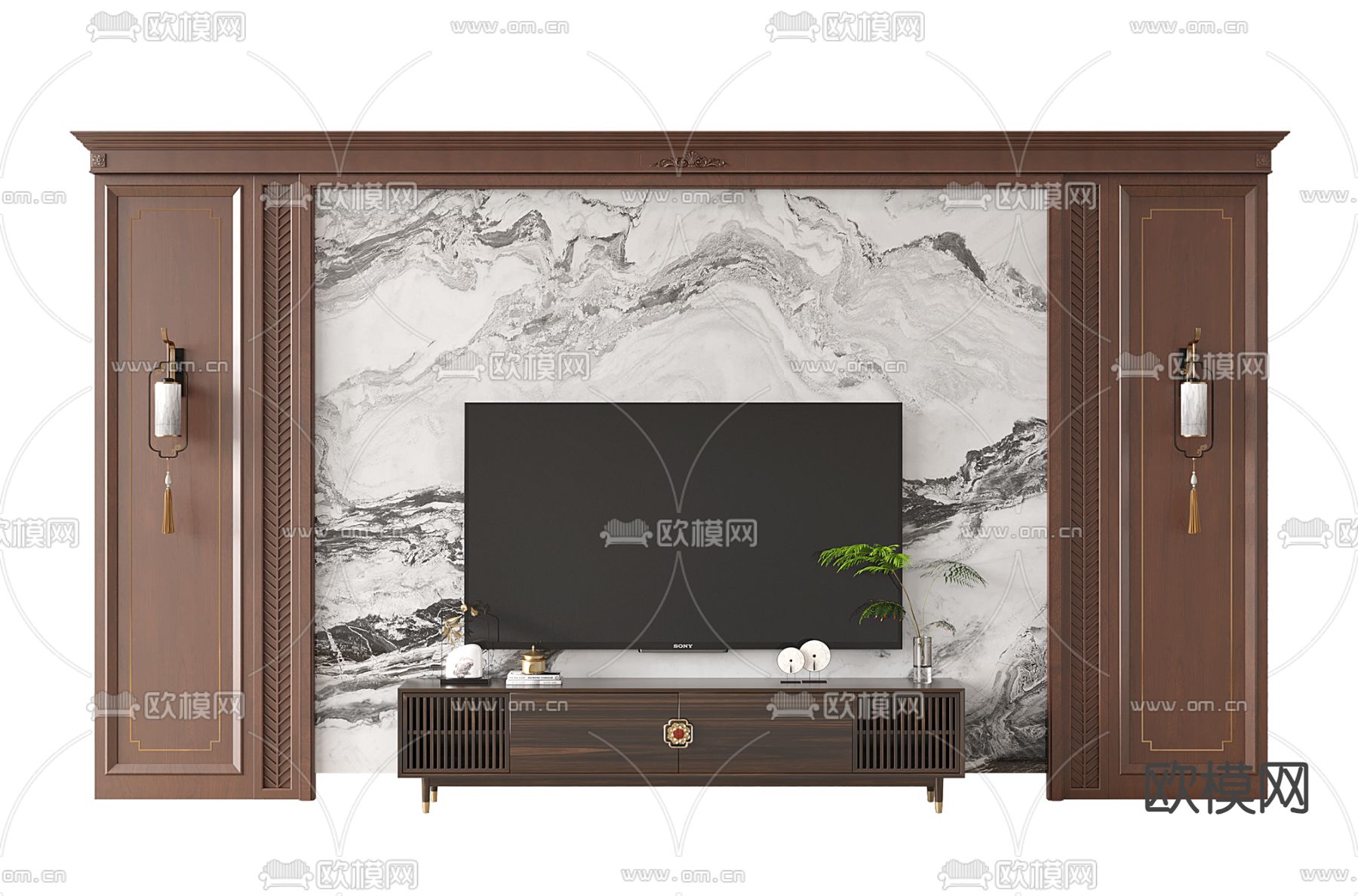 新中式电视背景墙su模型下载（渲染图2）