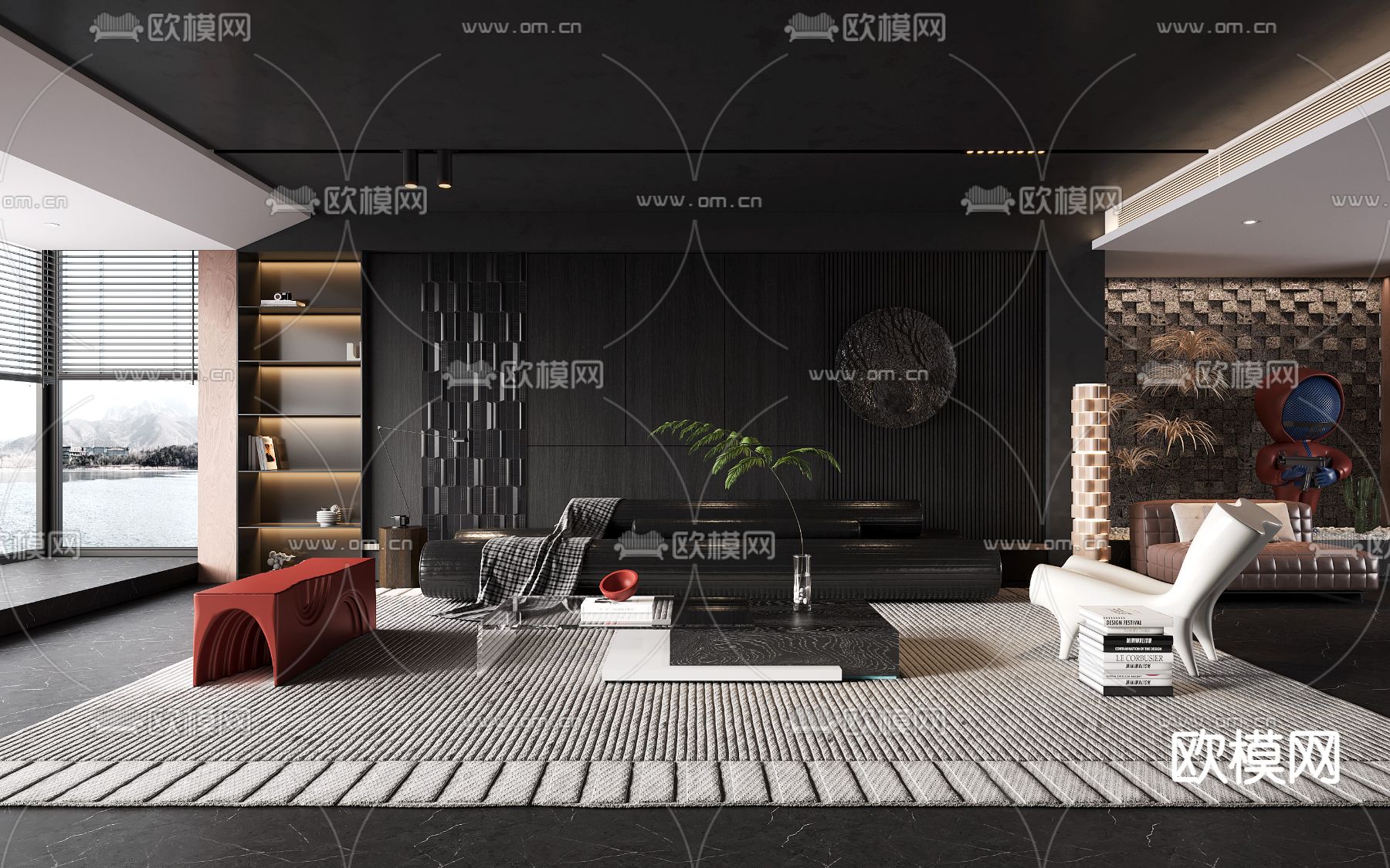 暗黑风客厅su模型下载（渲染图2）