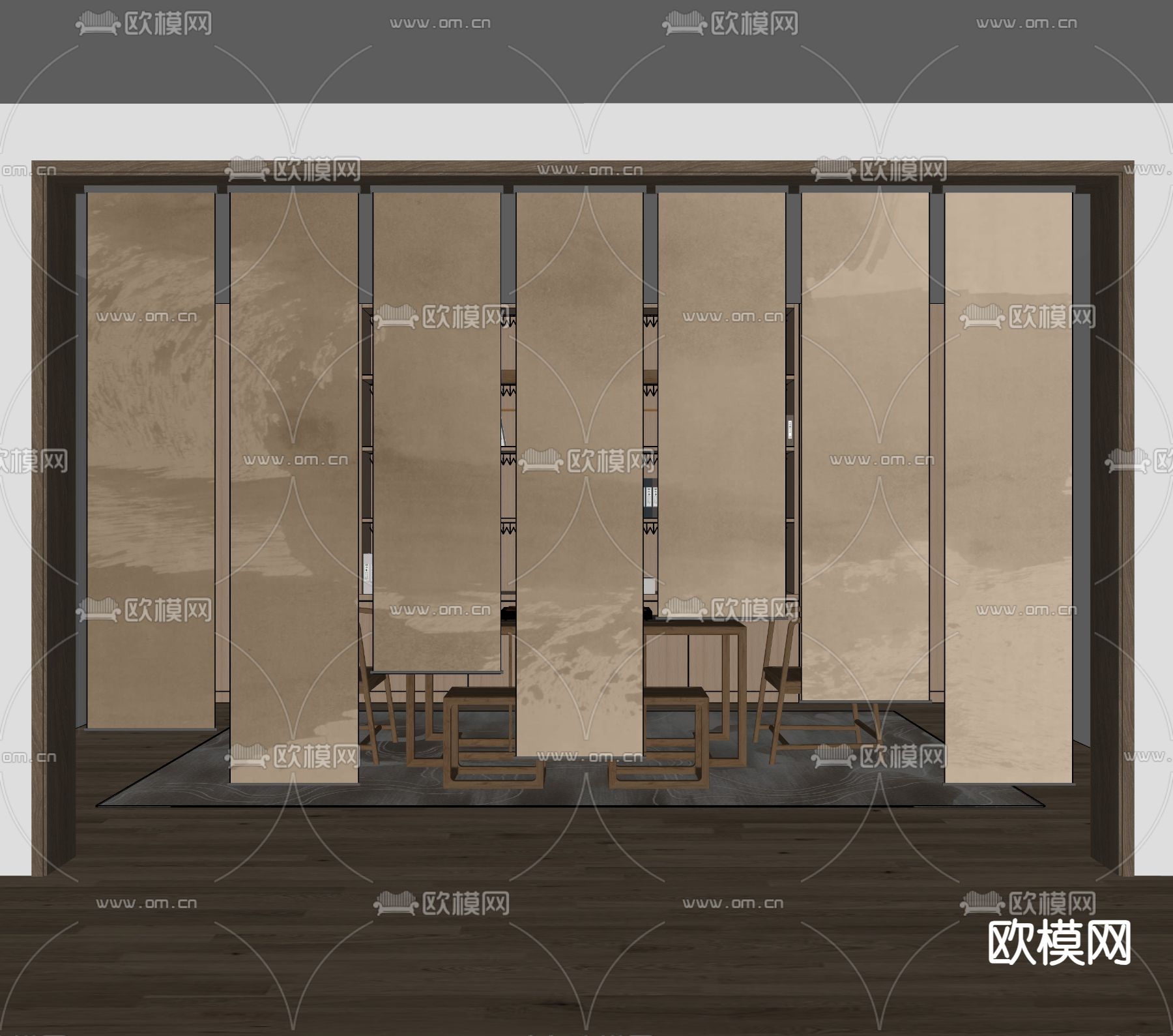 新中式水墨山水纱帘 挂帘 窗帘 隔断su模型下载（渲染图1）