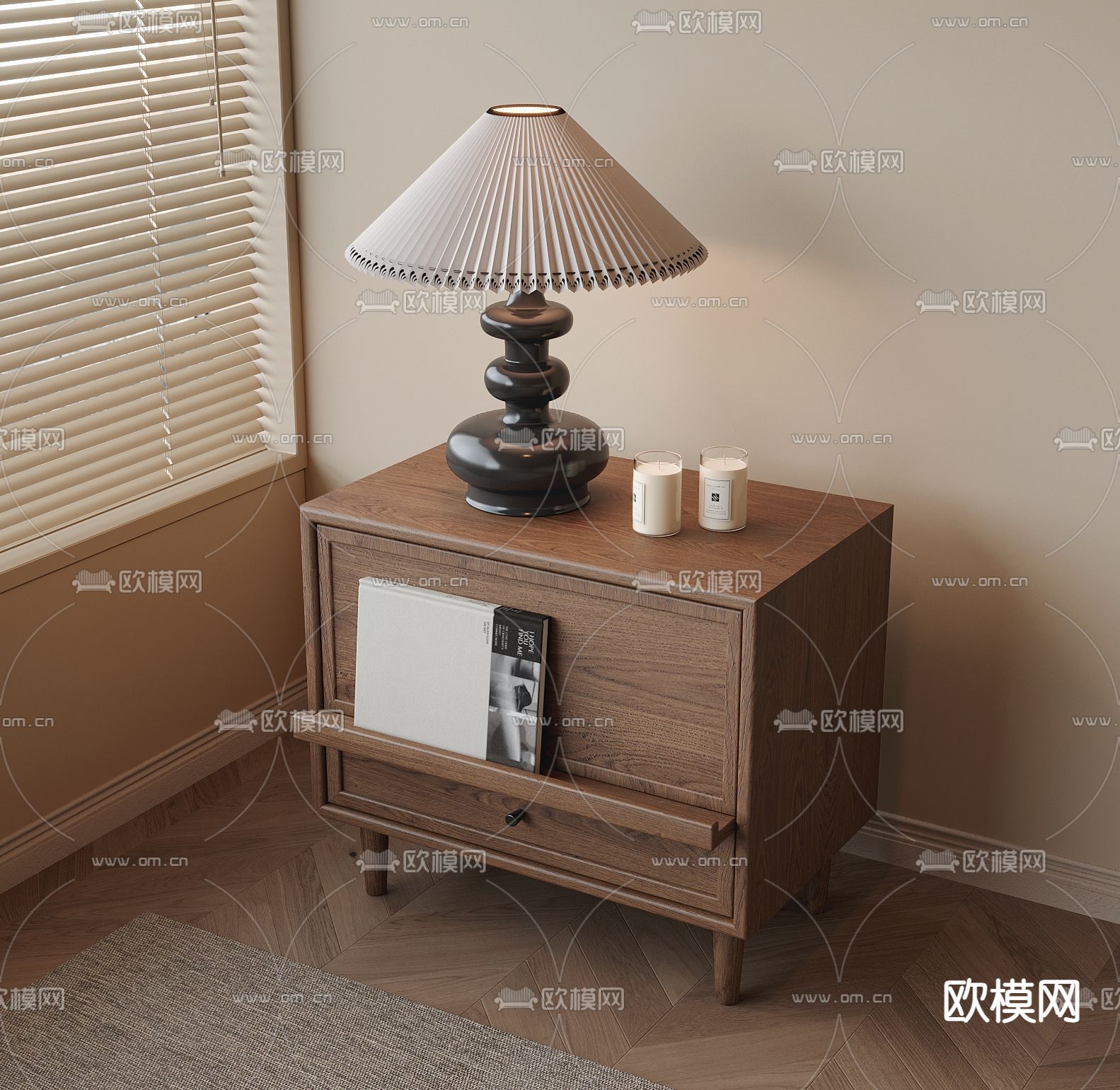 中古风床头柜su模型下载（渲染图1）