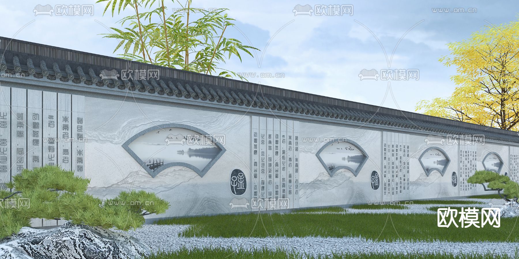 新中式小品 文化景墙su模型下载（渲染图1）