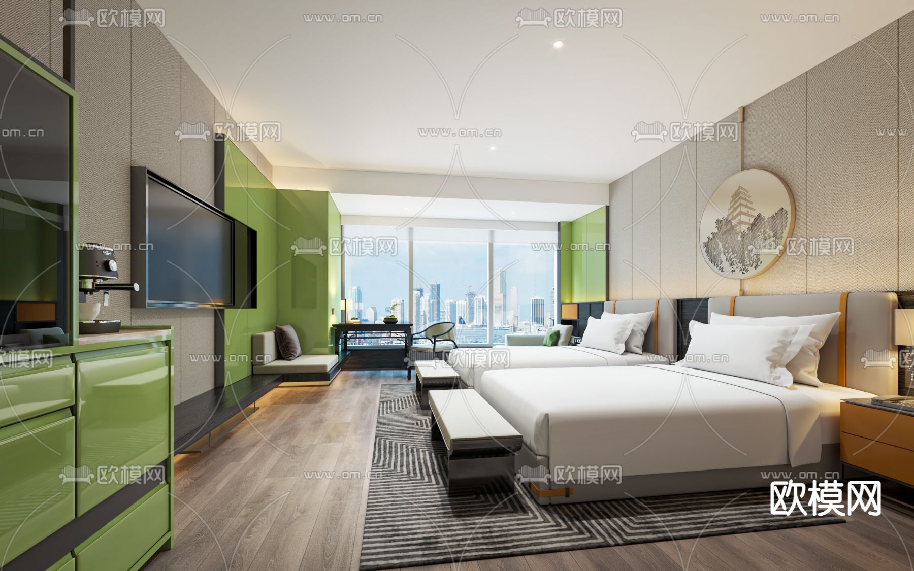 新中式酒店 客房 双床房3d模型下载