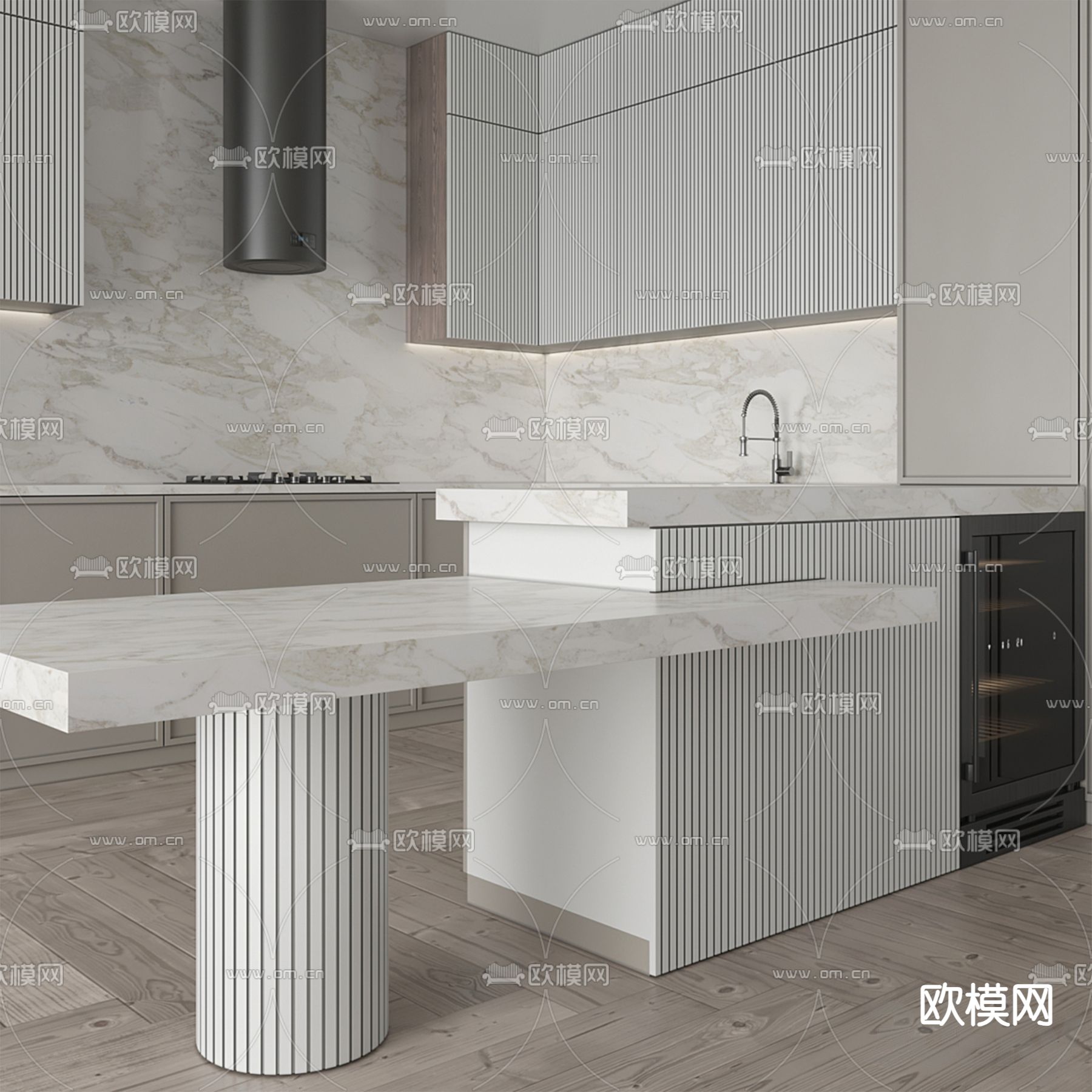 现代橱柜中岛台3d模型下载（渲染图2）