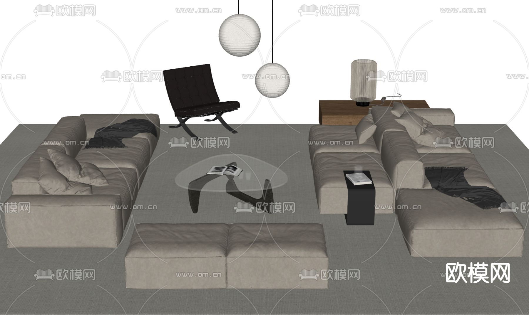 奶油风沙发 办公沙发su模型下载（渲染图1）