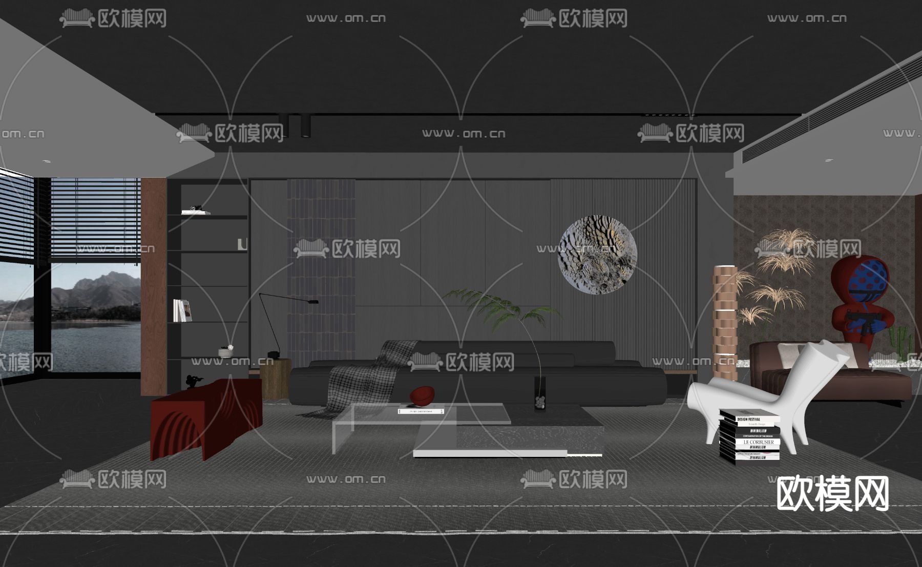 暗黑风客厅su模型下载（渲染图1）
