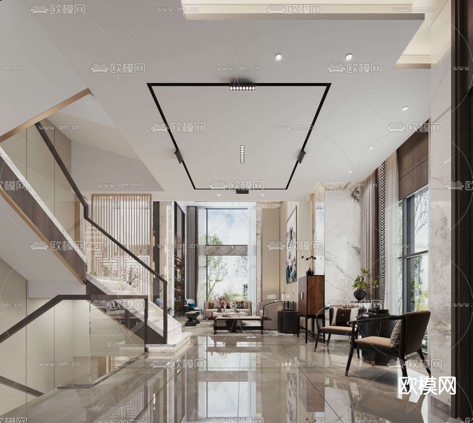 新中式别墅客厅 别墅大堂3d模型下载（渲染图2）