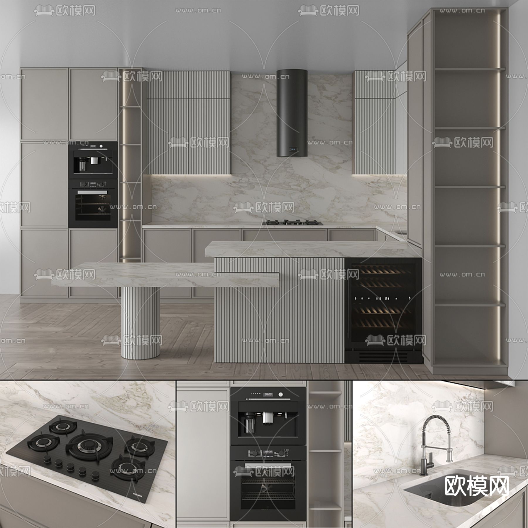 现代橱柜中岛台3d模型下载（渲染图1）