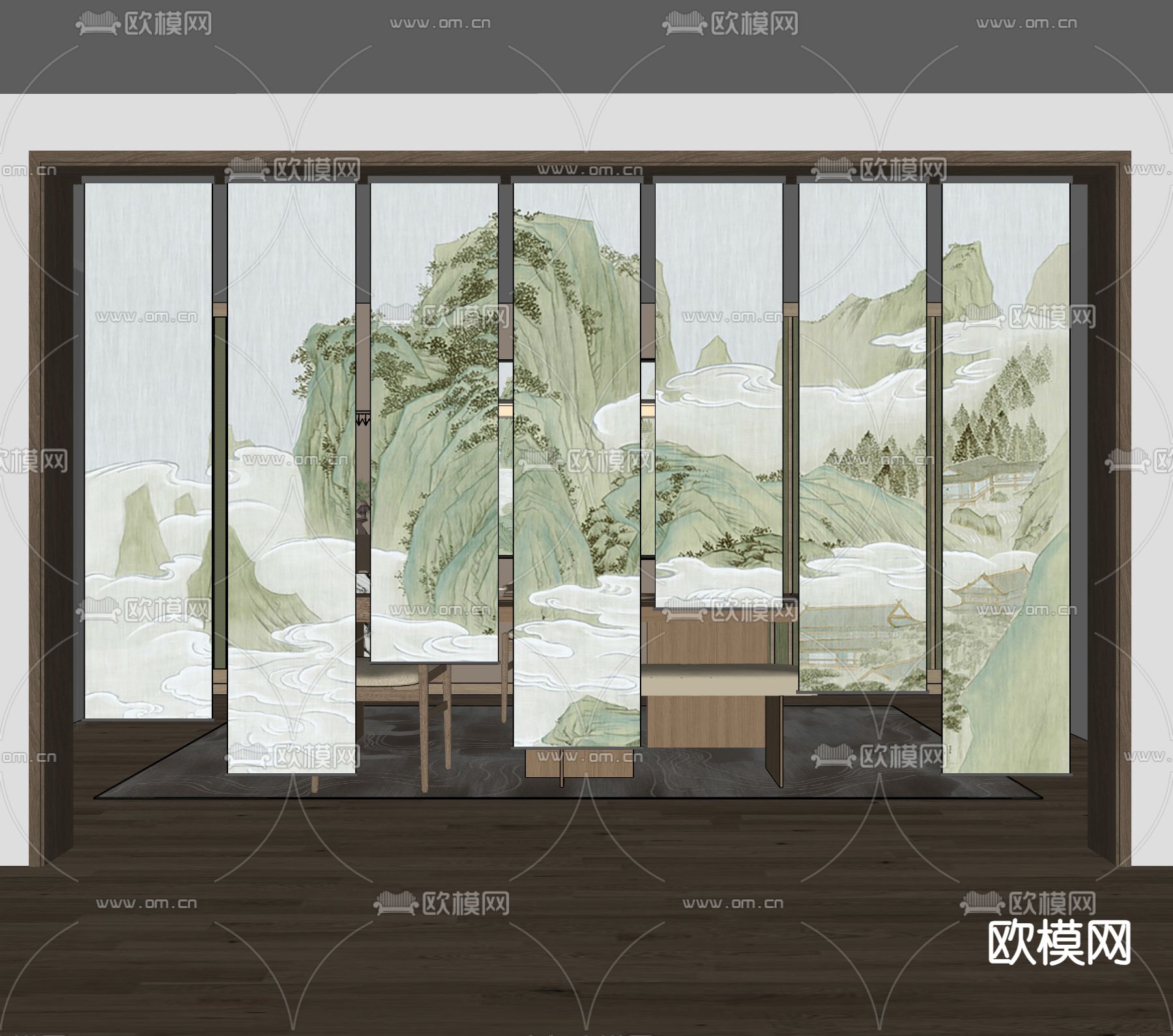 新中式山水楼阁纱帘 挂帘 窗帘 隔断su模型下载（渲染图1）