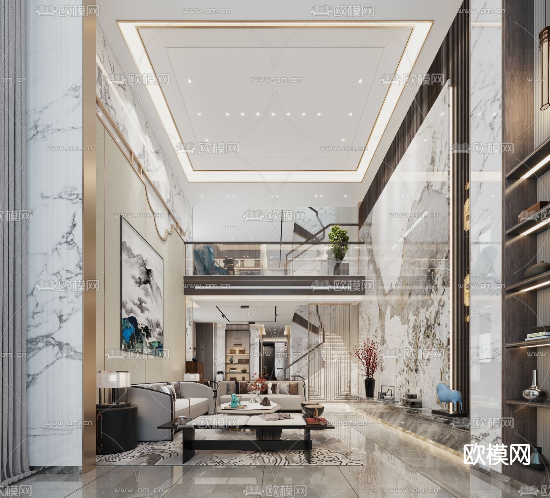新中式别墅客厅 别墅大堂3d模型下载（渲染图1）
