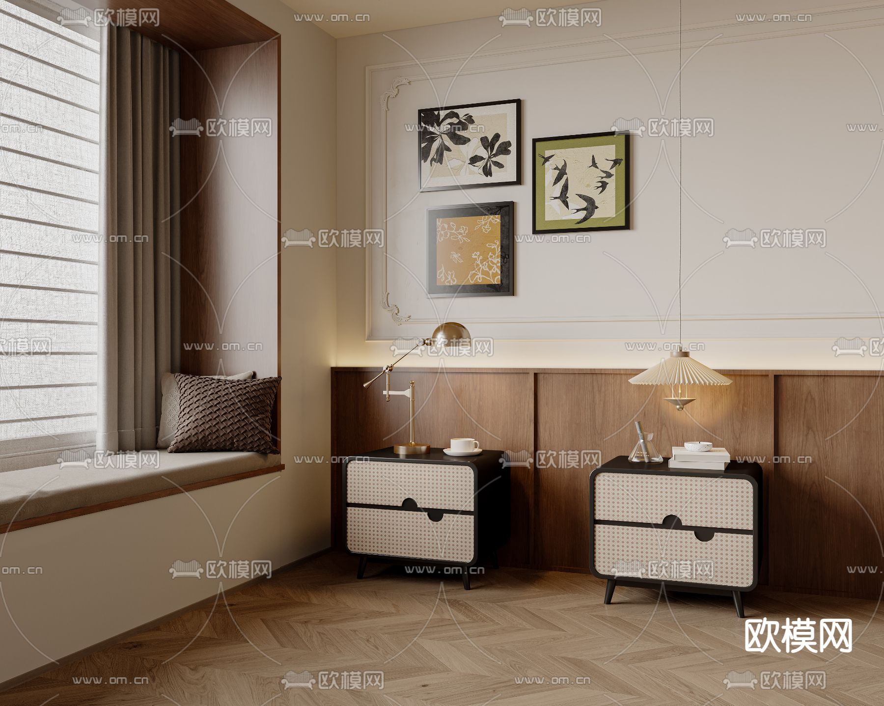法式床头柜su模型下载（渲染图2）