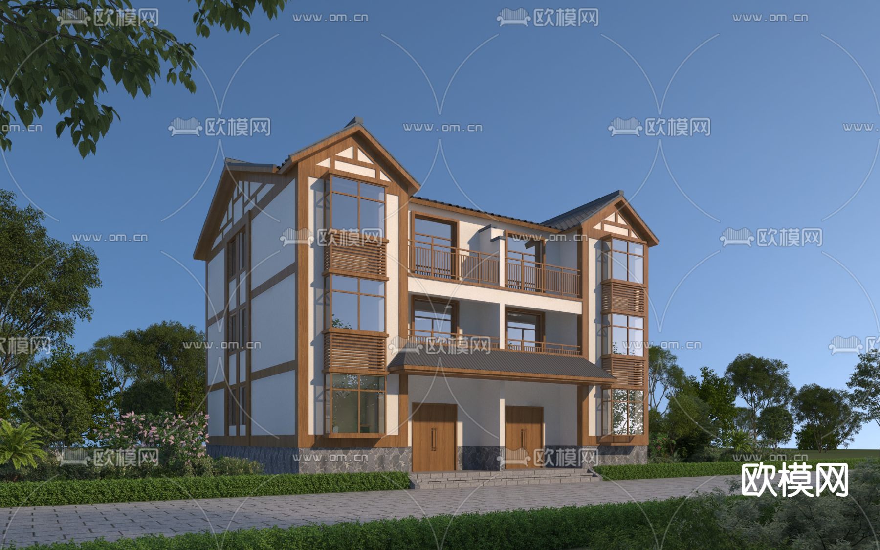 新中式别墅外观 自建房3d模型下载