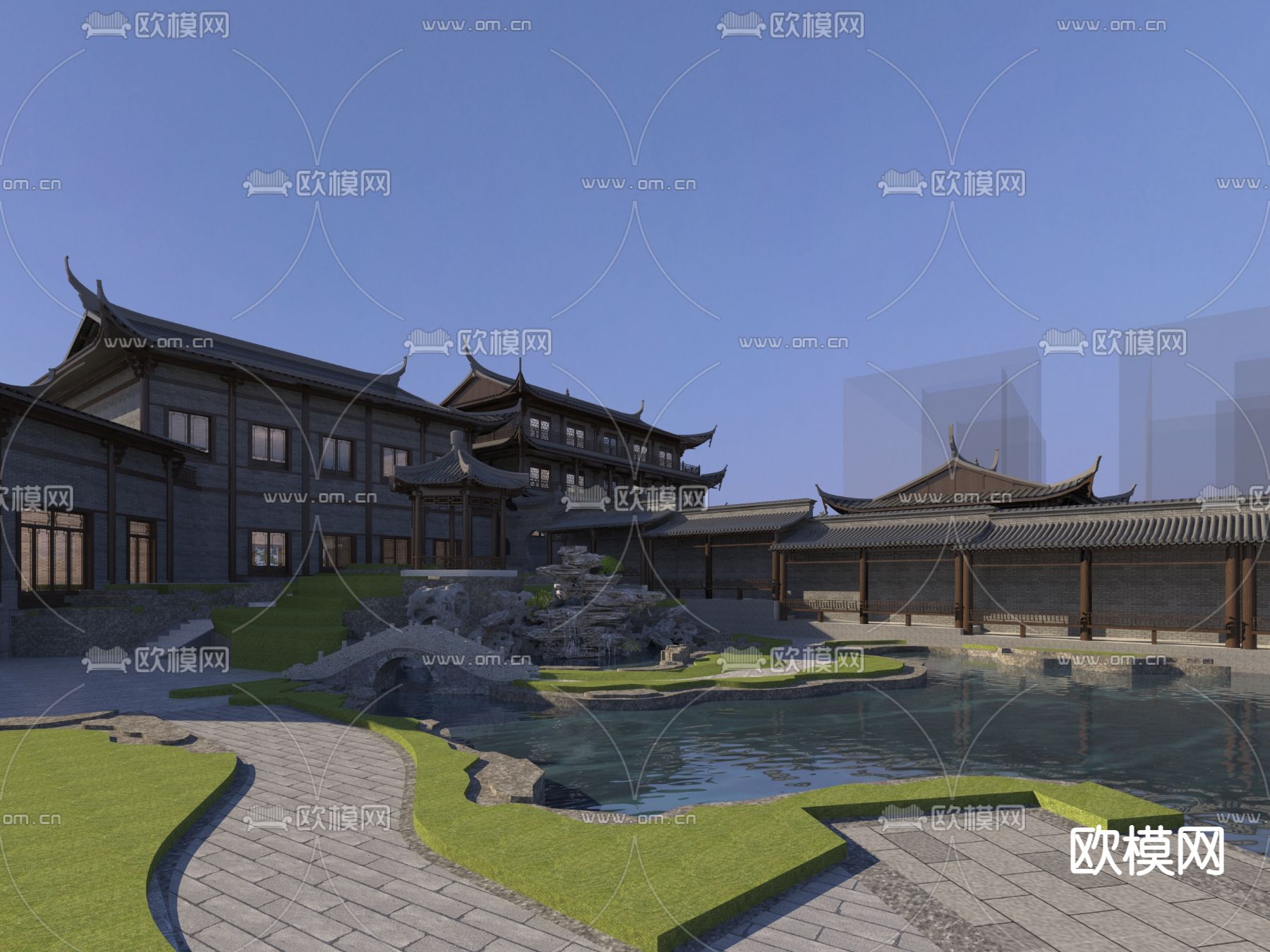 中式古建 阁楼 庭院3d模型下载（渲染图2）