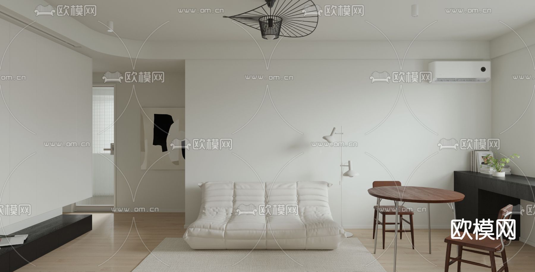 奶油风公寓 客餐厅3d模型下载（渲染图1）