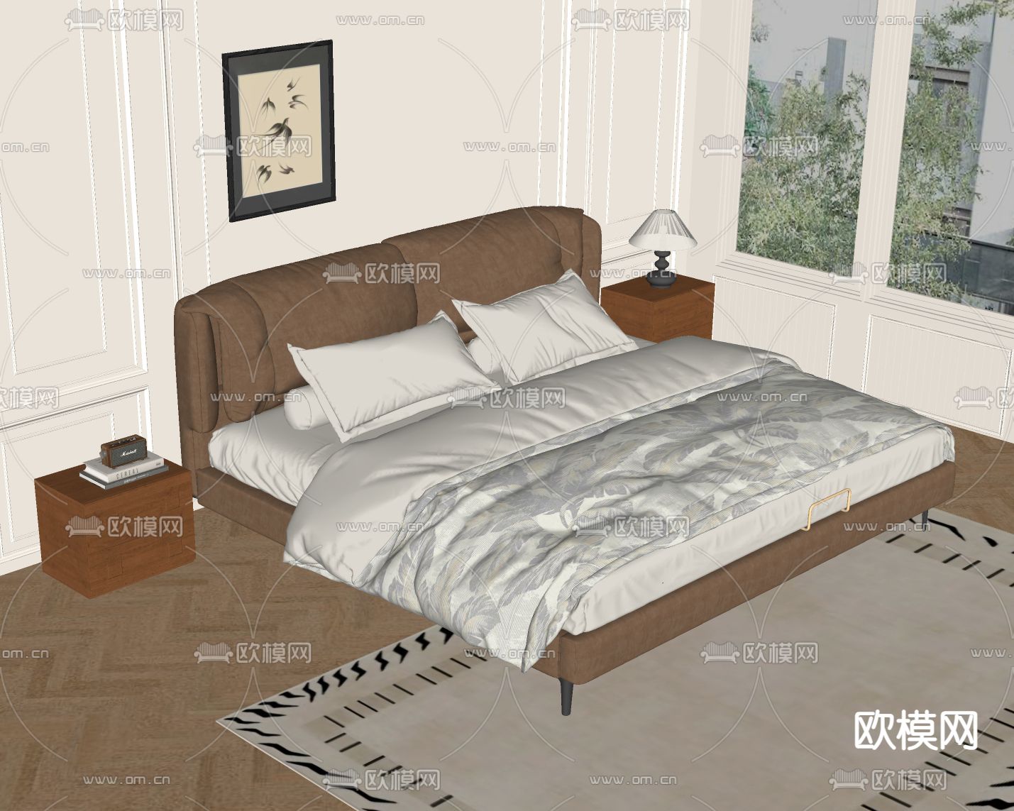 中古风双人床su模型下载（渲染图3）