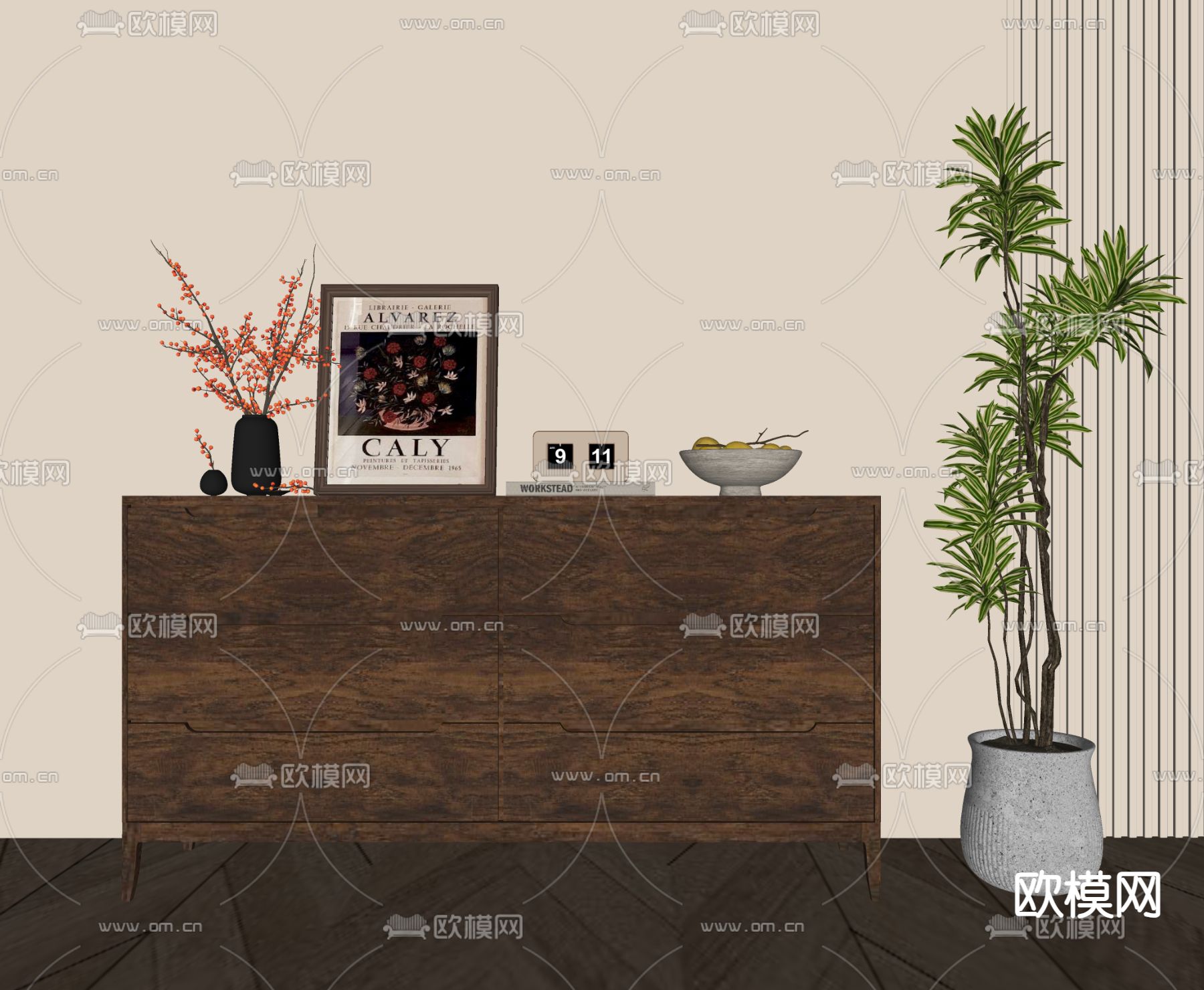 中古风边柜 端景柜 玄关柜su模型下载（渲染图2）