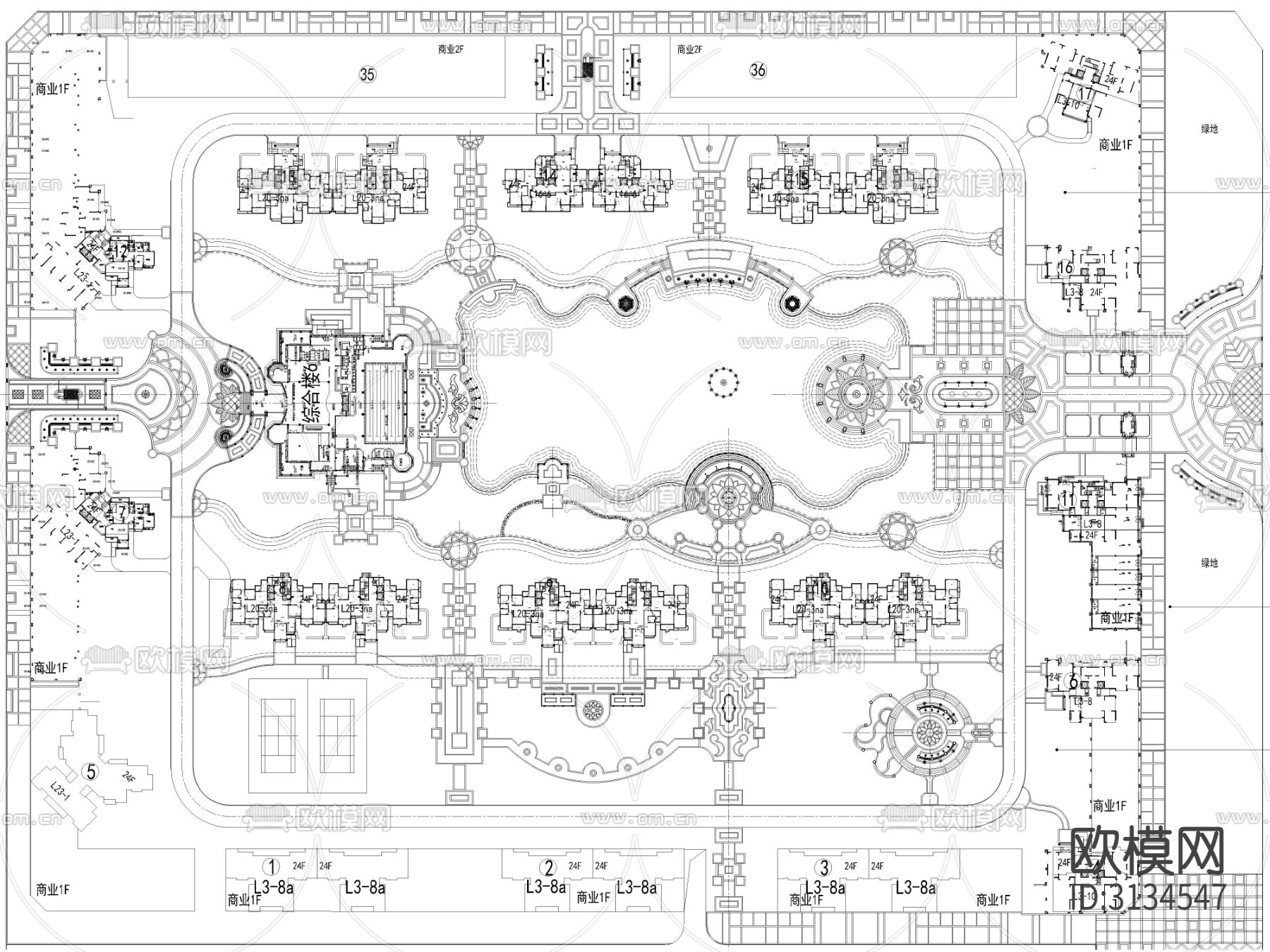 20套精选居住小区cad平面图下载（渲染图2）