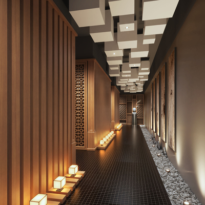 新中式酒店 走廊过道3d模型