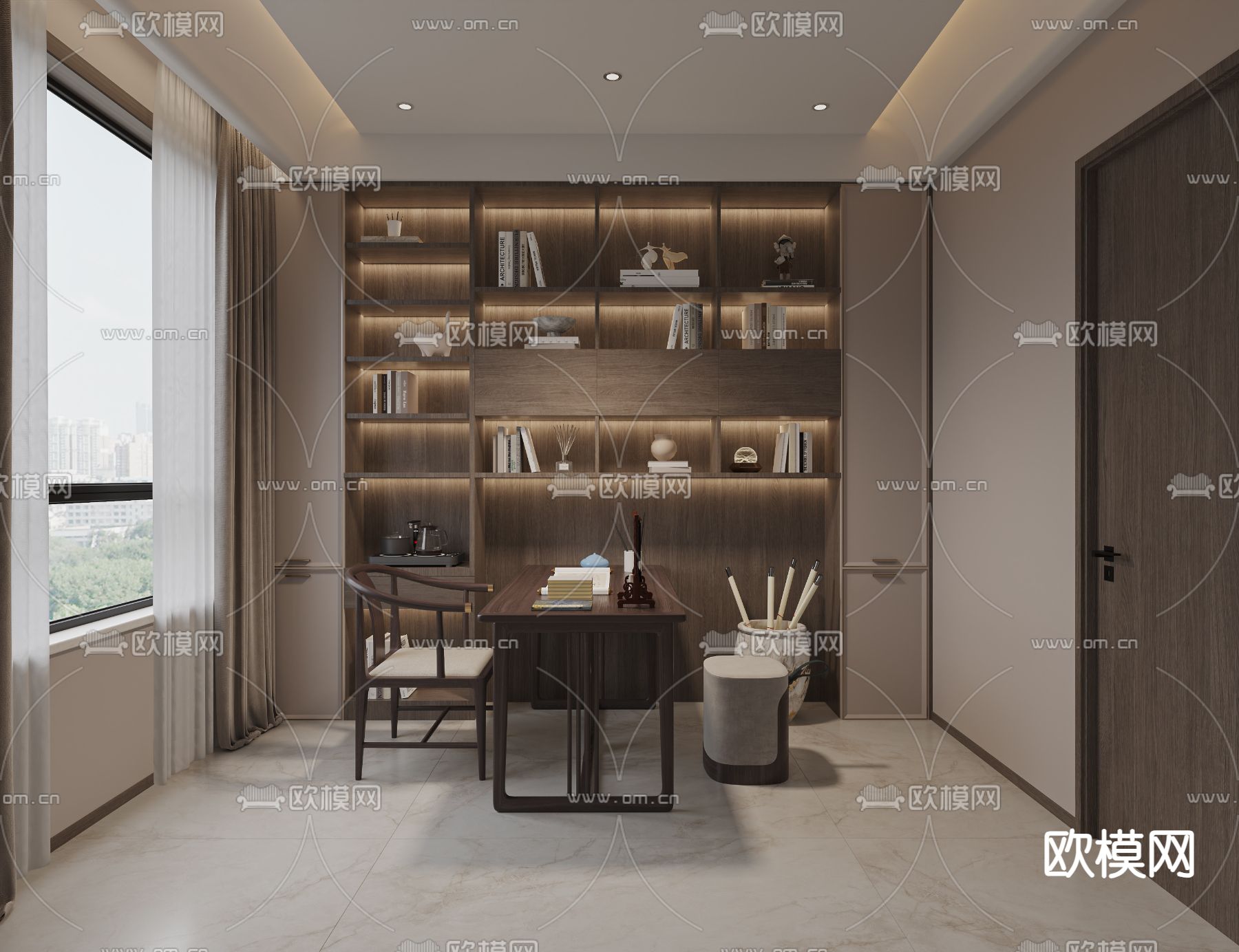 新中式书房3d模型下载（渲染图1）