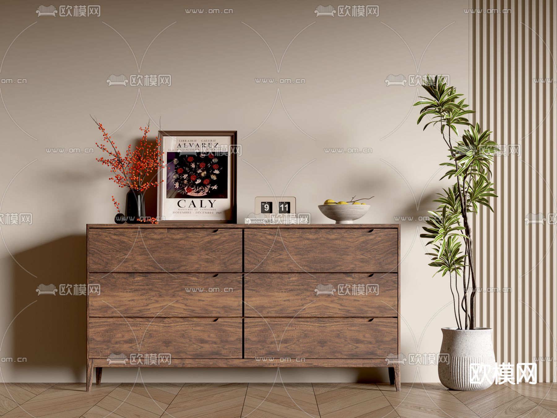 中古风边柜 端景柜 玄关柜su模型下载（渲染图1）