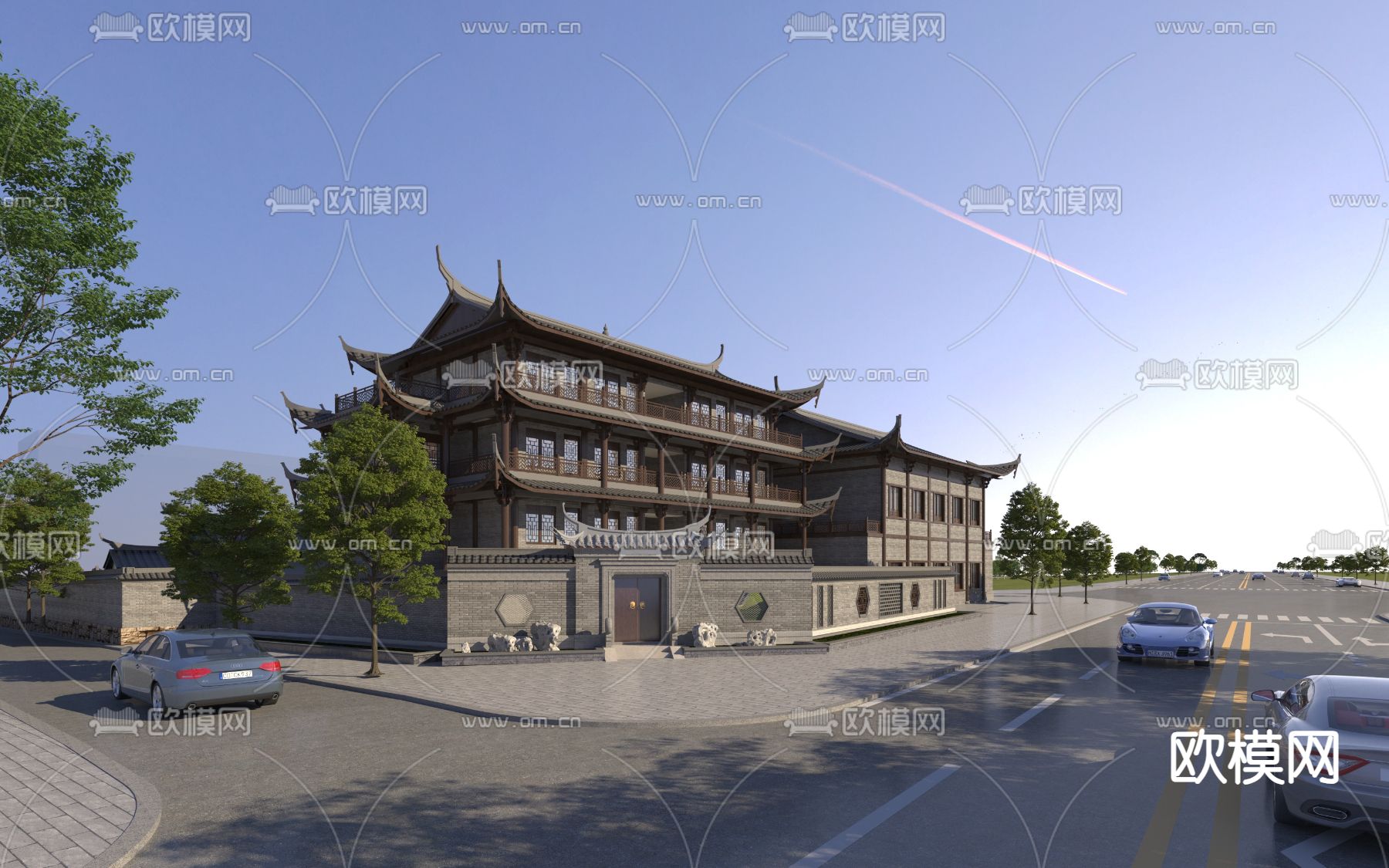 中式古建 阁楼 庭院3d模型下载（渲染图1）