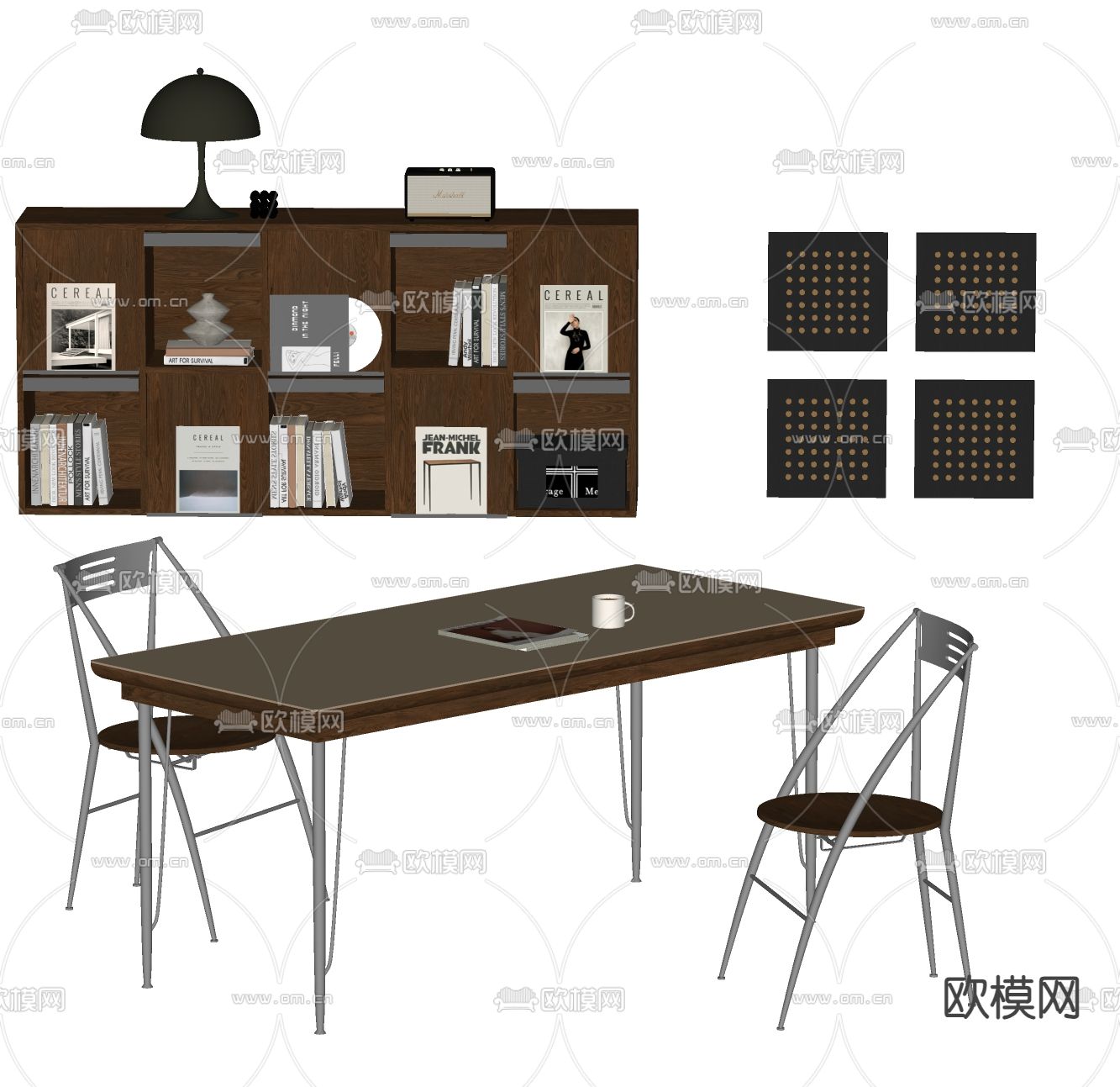 中古风书桌椅su模型下载（渲染图1）