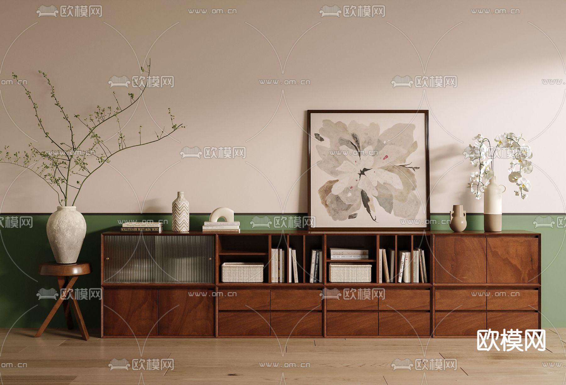 中古风矮柜 书柜 边柜su模型下载（渲染图2）