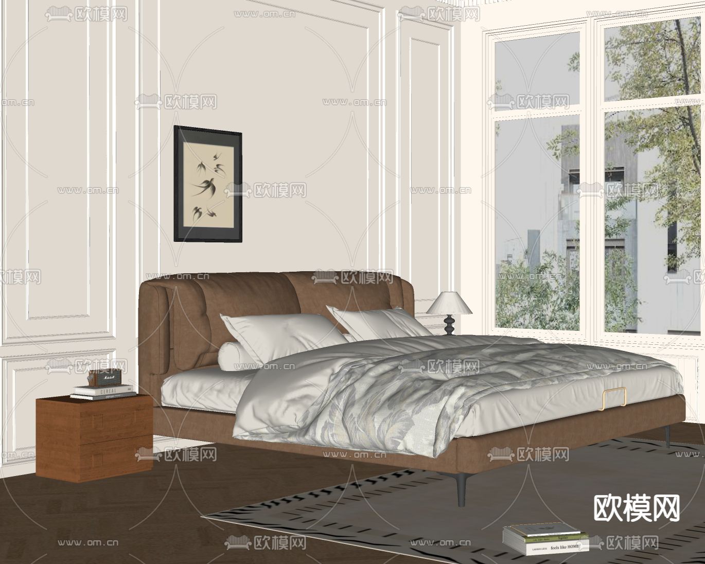 中古风双人床su模型下载（渲染图1）