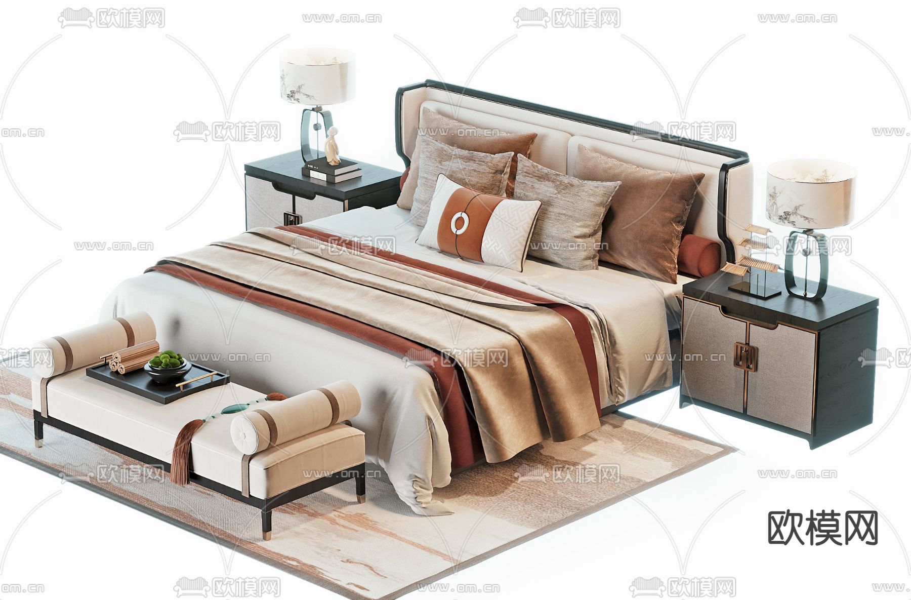 新中式双人床su模型下载（渲染图2）