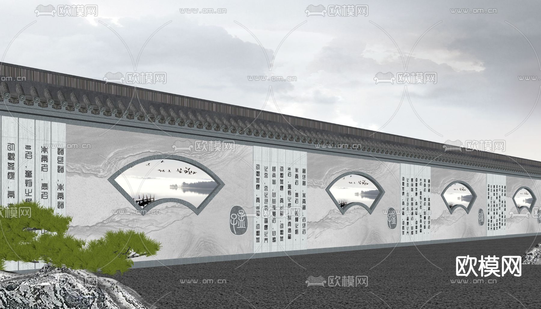 新中式小品 文化景墙su模型下载（渲染图2）