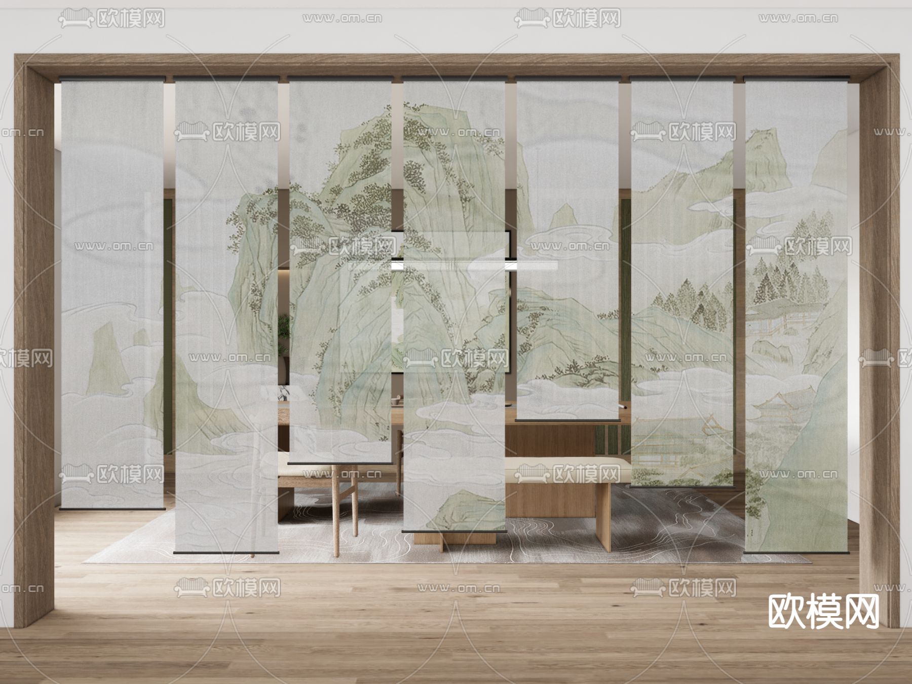 新中式山水楼阁纱帘 挂帘 窗帘 隔断su模型下载（渲染图2）